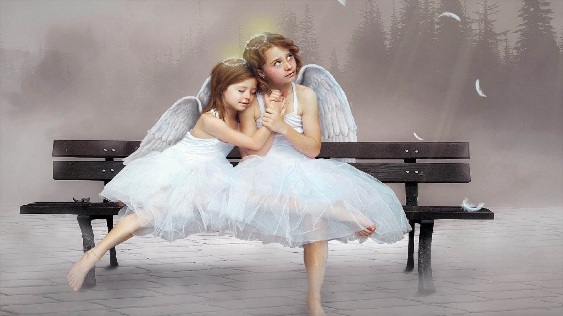 child, little, angel, 1080P, fantasy, wings, girl, bench, HD Wallpaper