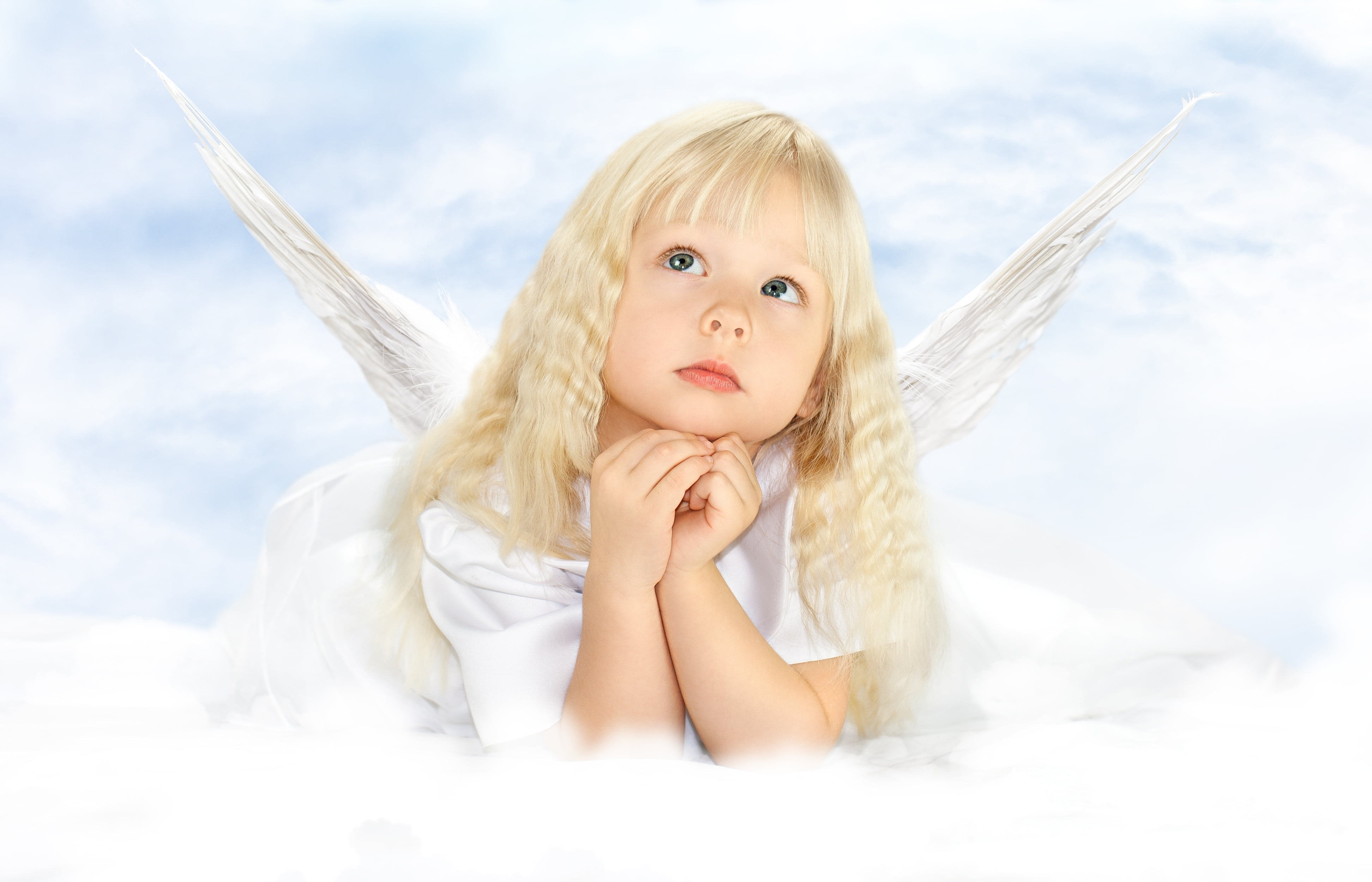 cheerful, summer, girls, dreamlike, blond Hair, girl, playful, blue Eyes, looking, small, angel, hair, child, fun, softness, blue, portrait, cloud - sky, HD Wallpaper