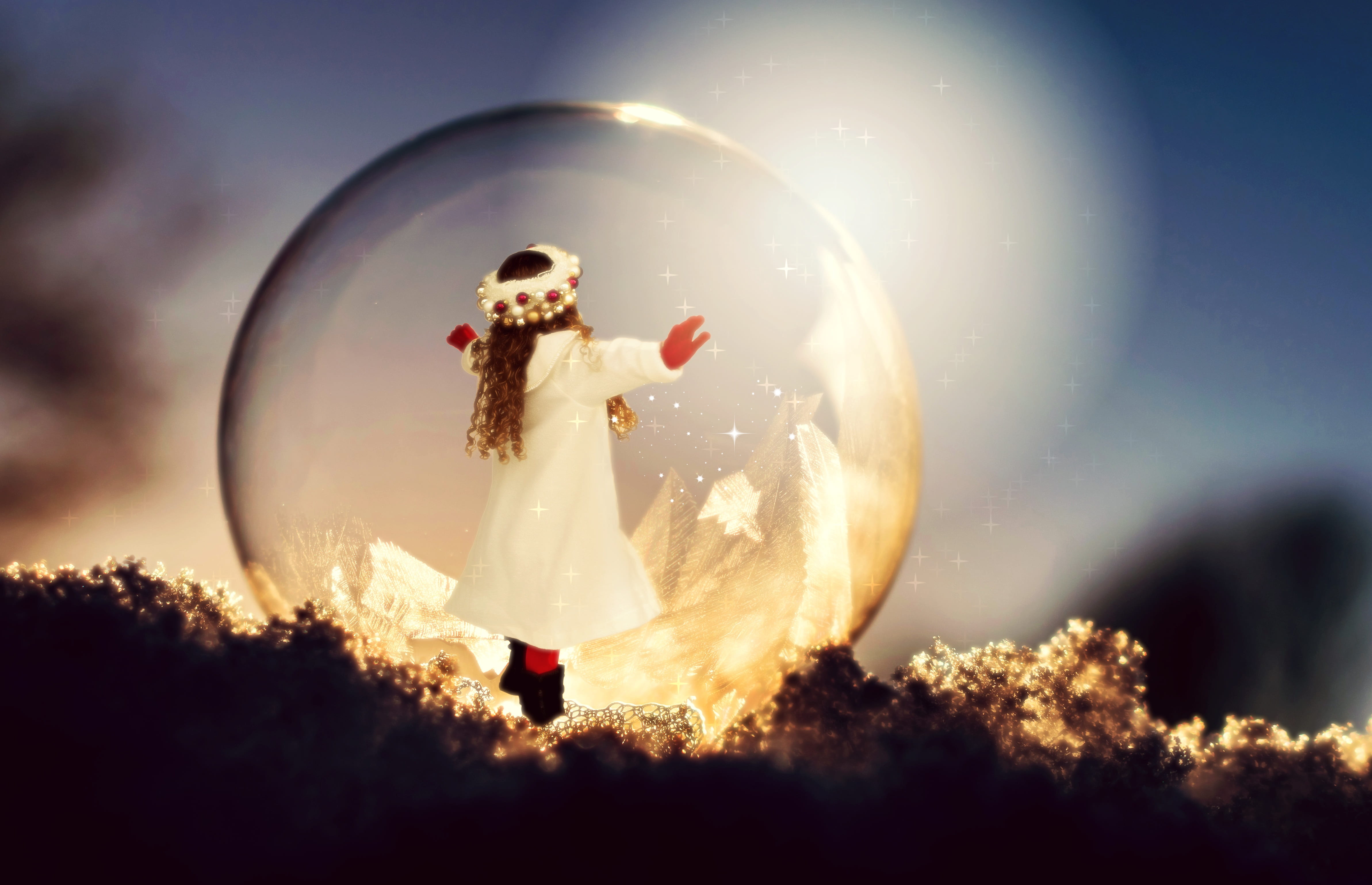 sky, soap bubble, fashion, one person, frost, girl, spreading, surreal, bubbles, holding, romance, arms, composing, hardest, full length, miniature, sunlight, HD Wallpaper