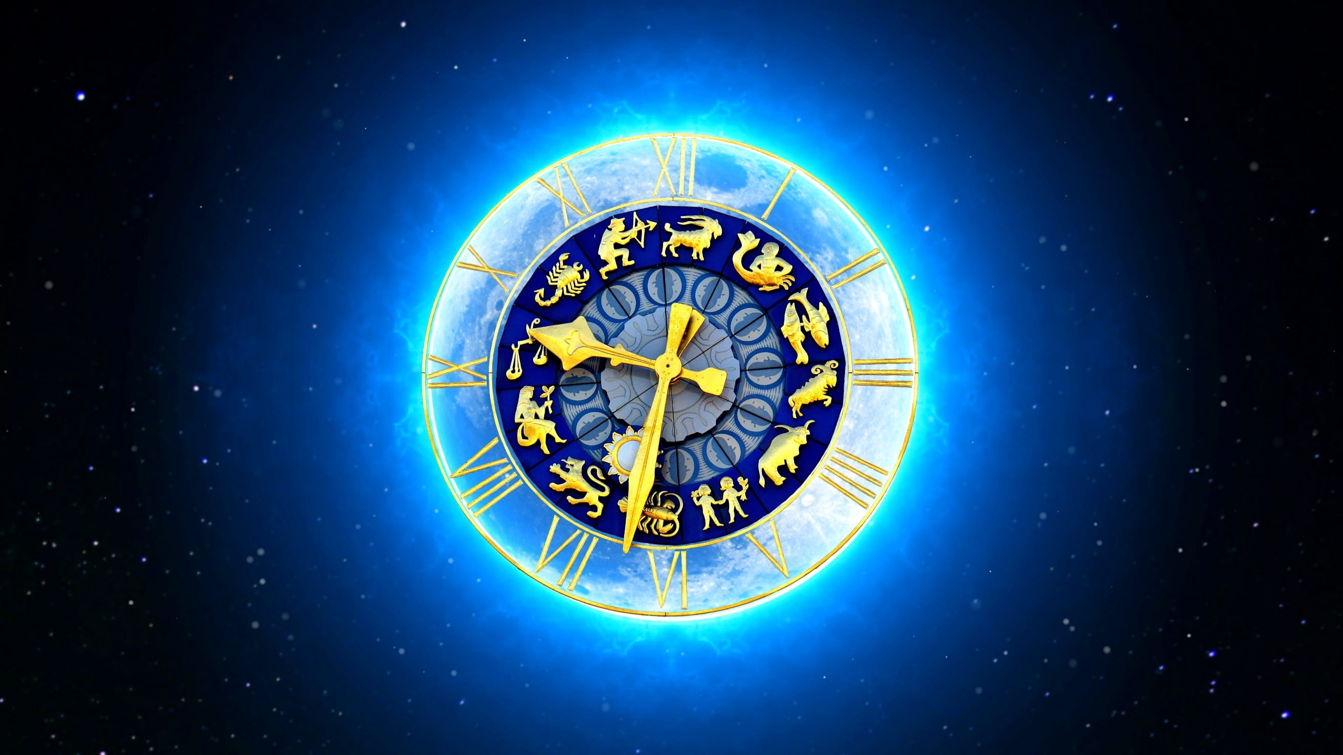 blue background, star - space, sign, no people, constellation, old-fashioned, nature, space and astronomy, gold colored, Moon, star field, circle, Clock, HD Wallpaper