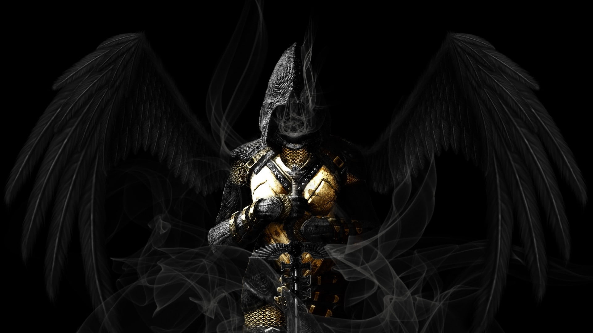 black, grim, angel, 1080P, gothic, sword, guardian, wings, reaper, dark, angels, HD Wallpaper