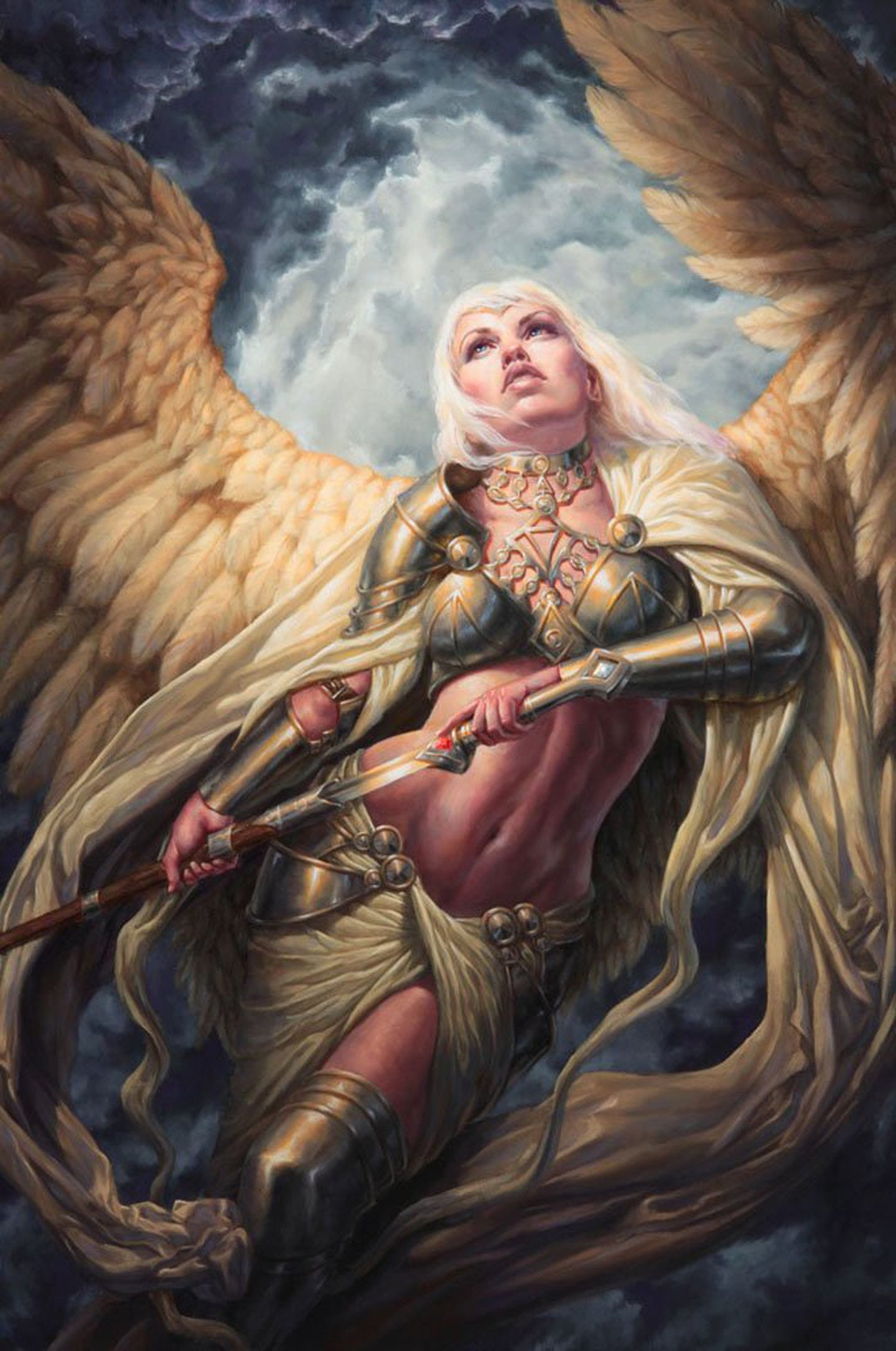 weapon, hunter, history, adult, sword, costume, angel, wings, one person, portrait, hair, blond hair, clothing, sky, traditional clothing, women, Guardian, Phone HD Wallpaper