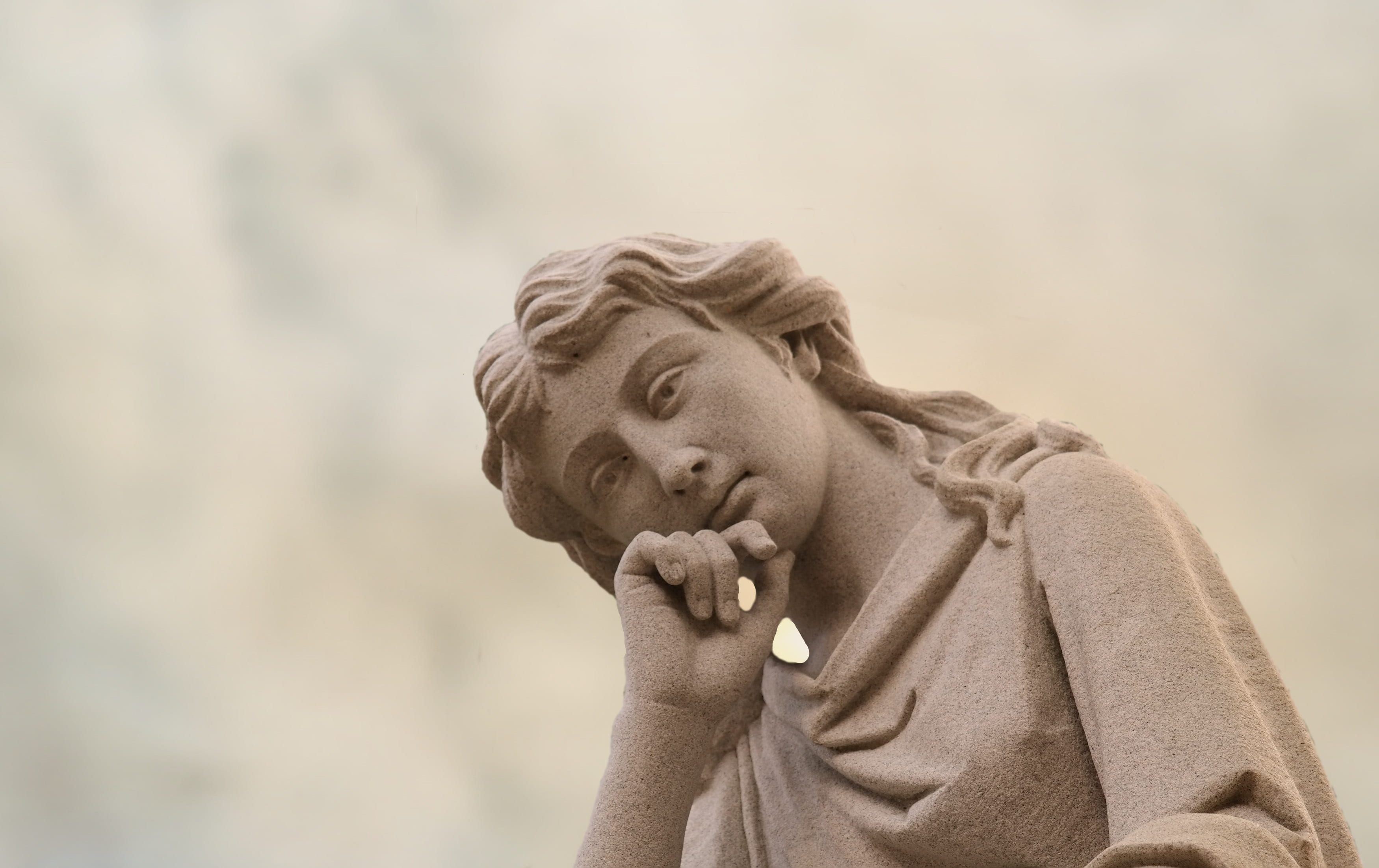 contemplative, stone, mature adult, emotion, focus on foreground, head, women, profile, face, headshot, sculpture, cemetery, adult, angel figure, men, copy space, HD Wallpaper