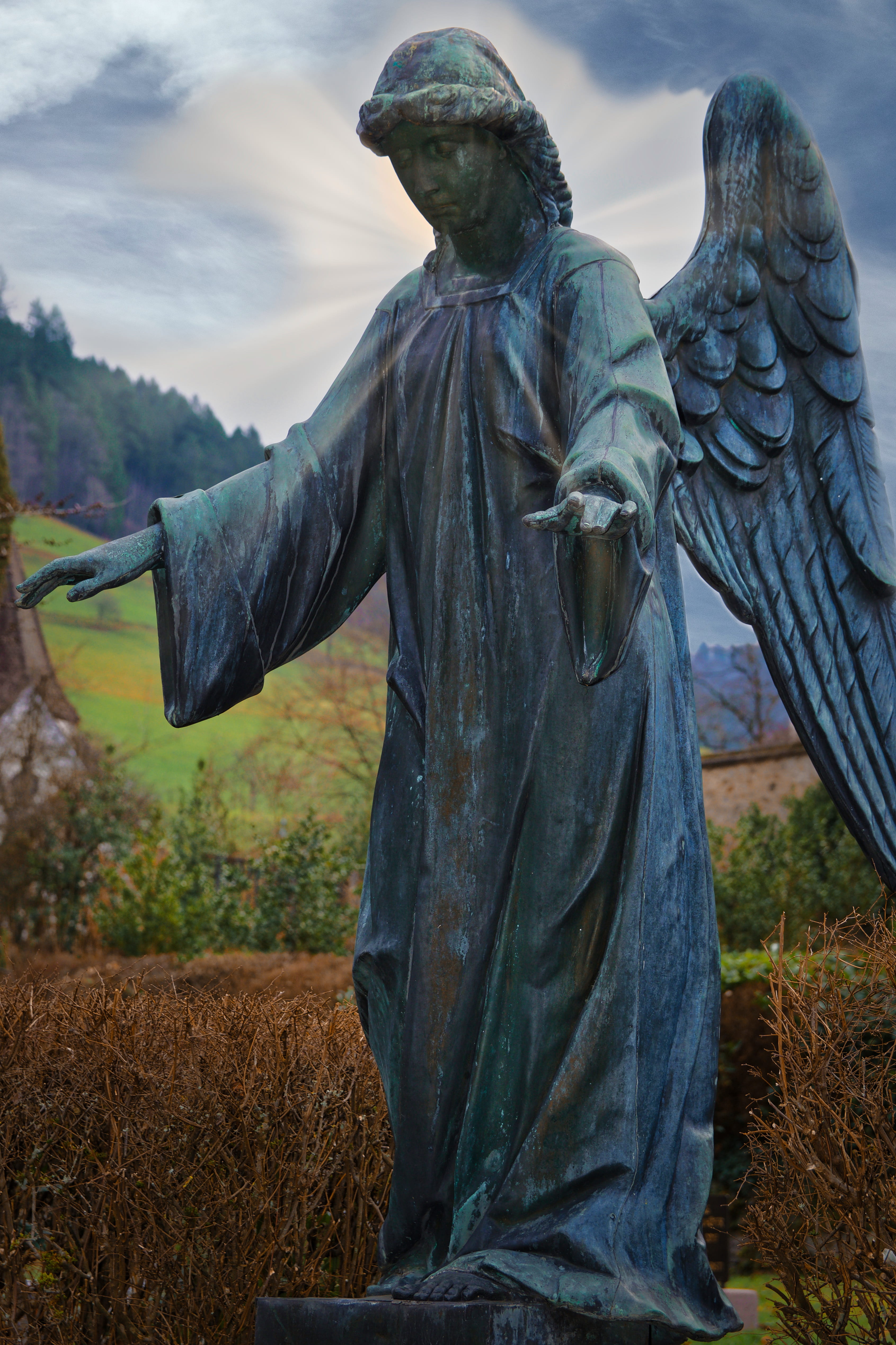 statue, sky, field, angel, sculpture, guardian angel, outdoors, plant, female likeness, male likeness, cloud - sky, day, landscape, craft, art and craft, Phone HD Wallpaper