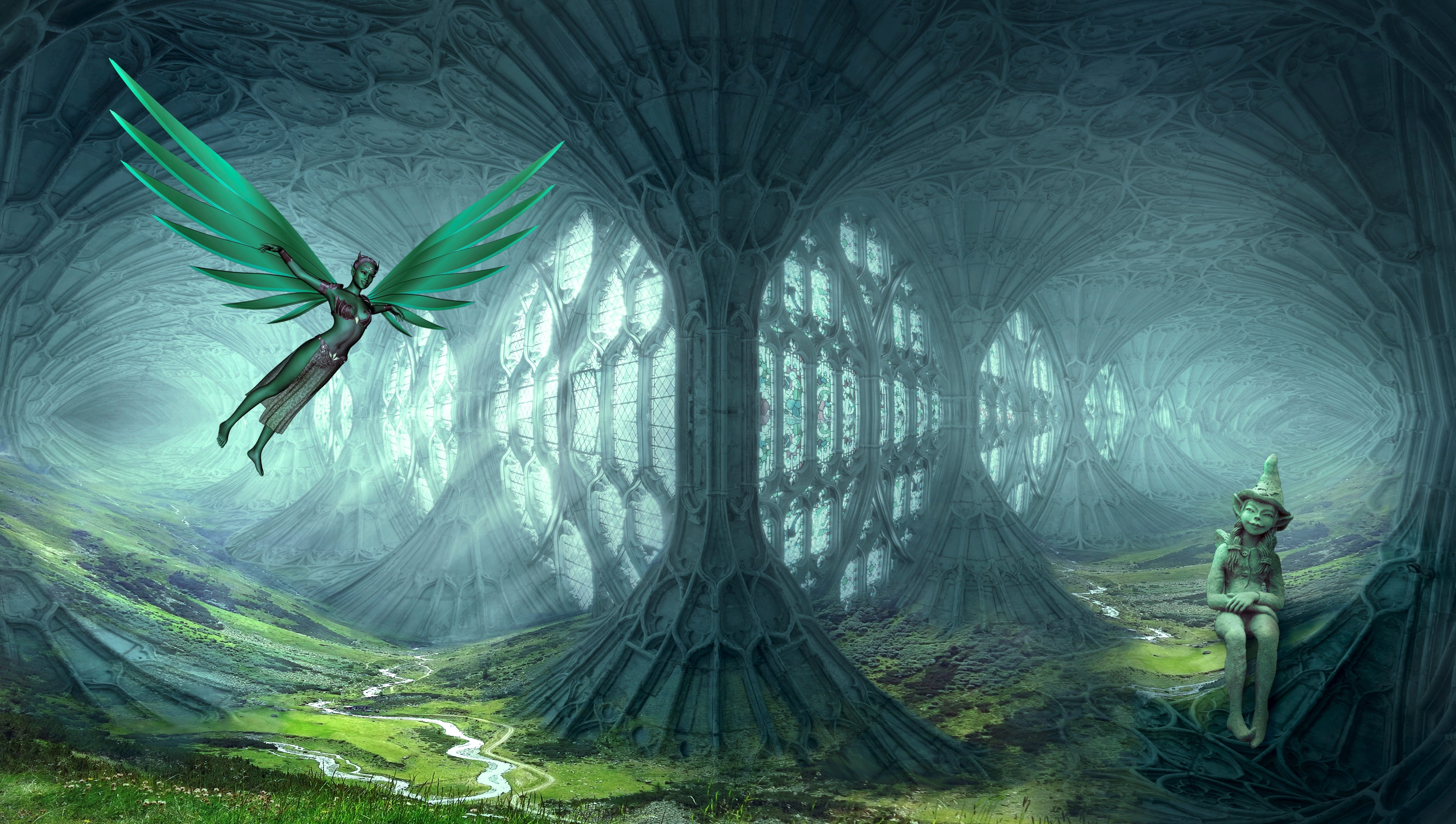 tranquility, magic, female, fantastic, scene, outdoors, digital, religion, fantasy, digital composite, mystical, green, tree trunk, fee, atmosphere, conjure, HD Wallpaper