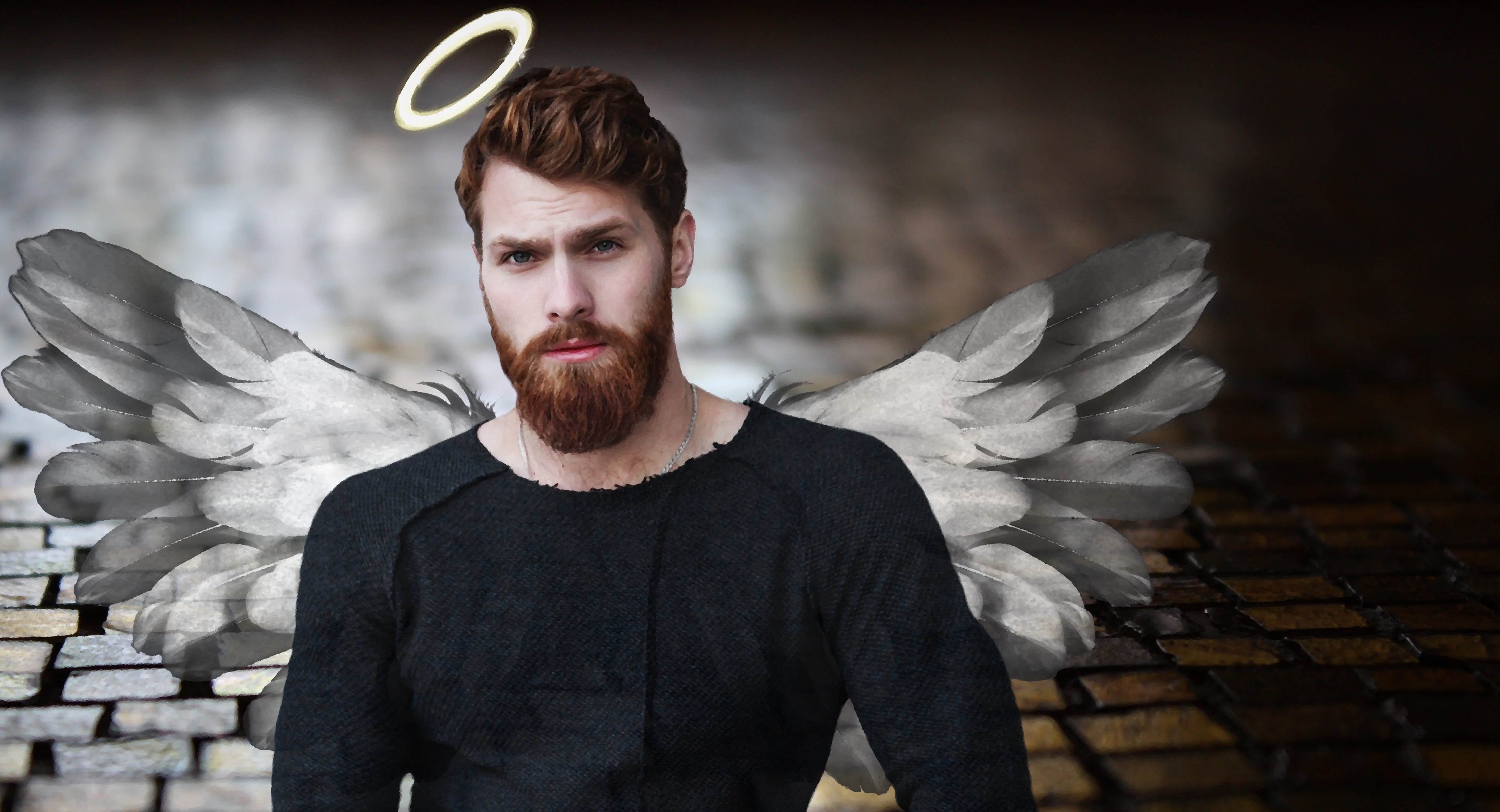 male, guardian angel, men, emotion, portrait, halo, wearing, adult, young men, good angel, angel, greeting card, sleeved, innocence, black, paving stones, HD Wallpaper