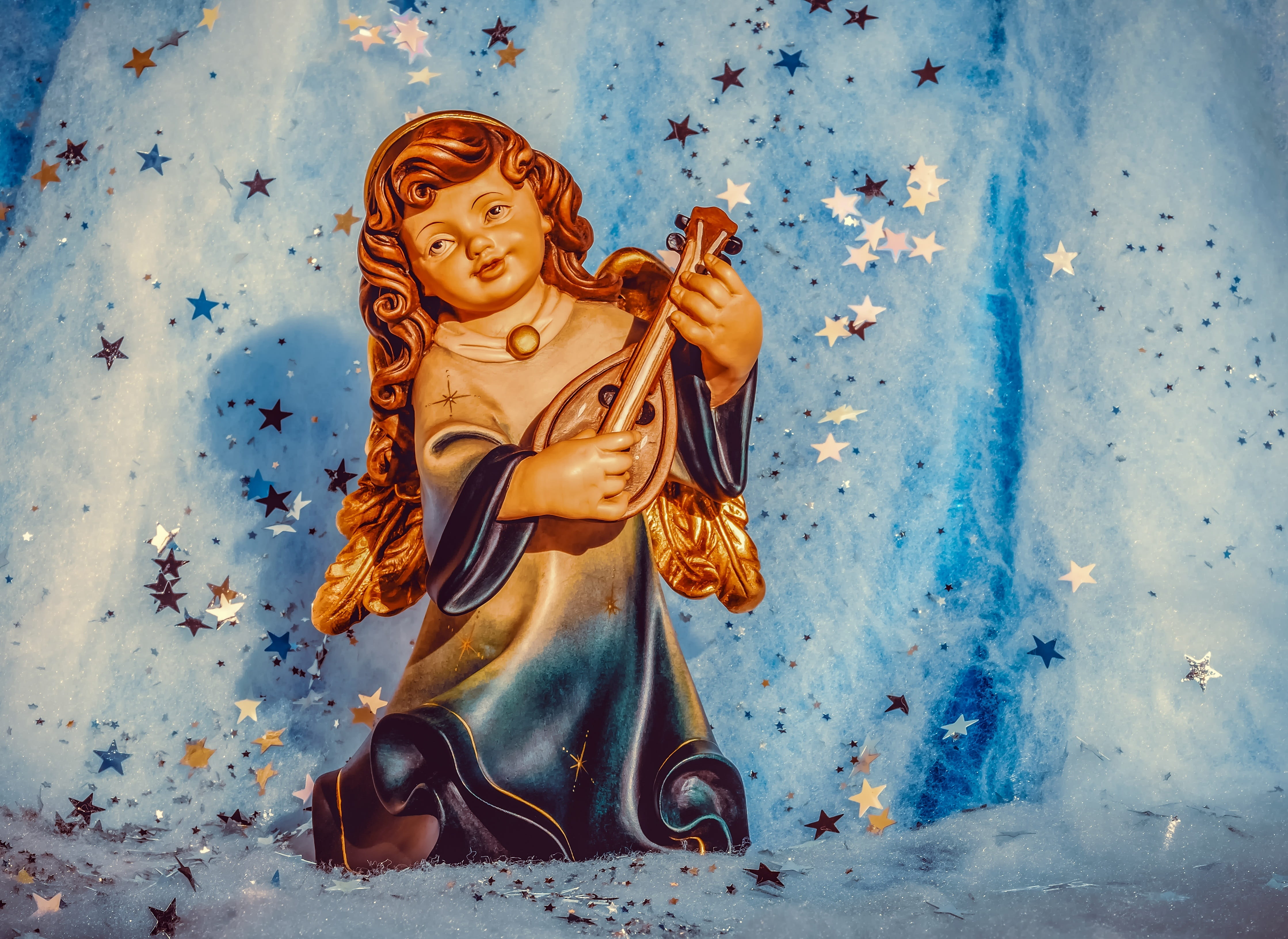 no people, star, representation, belief, guardian angel, outdoors, wall - building feature, figure, religion, wing, blue, advent, female likeness, christmas, HD Wallpaper