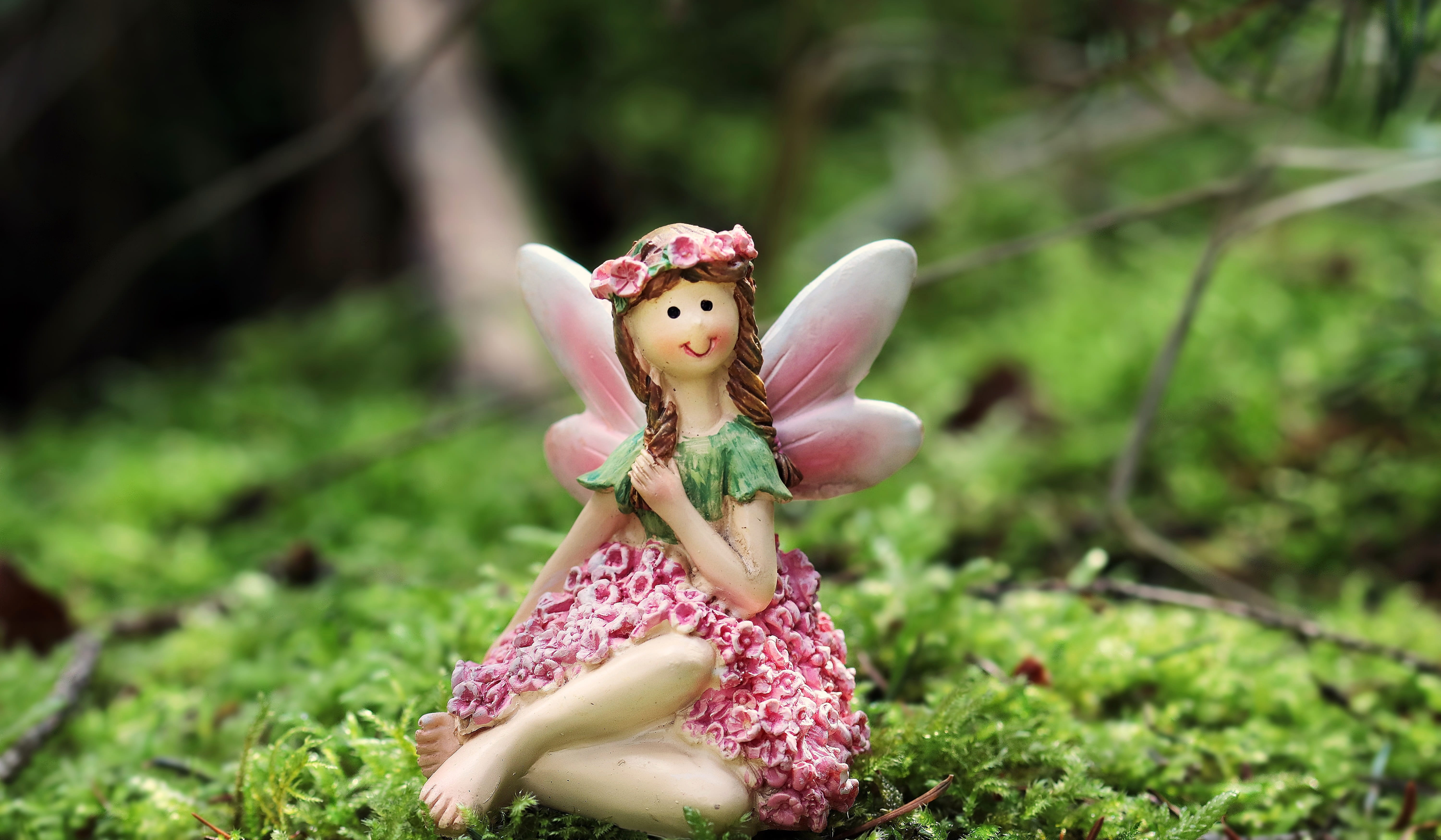 fairytale, pink color, forest, figurine, nature, creativity, norse mythology, peaceful, forest floor, plant, wing, woman, toy, albe, fairy, grass, leaf, HD Wallpaper