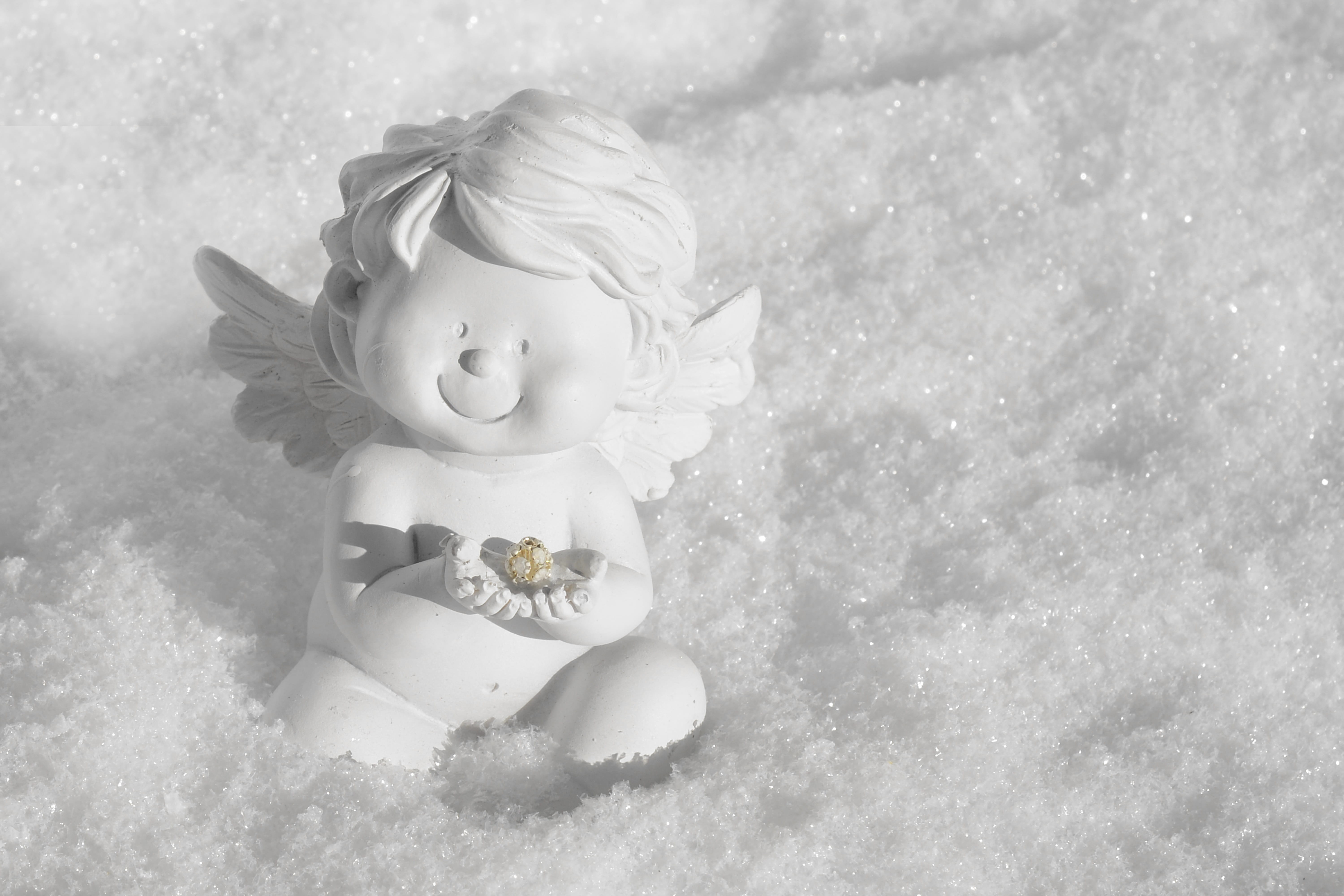 toy, doll, representation, snowing, deco, guardian angel, christmas angel, angel face, ceramic, innocence, golden, cold temperature, holiday, greeting card, HD Wallpaper