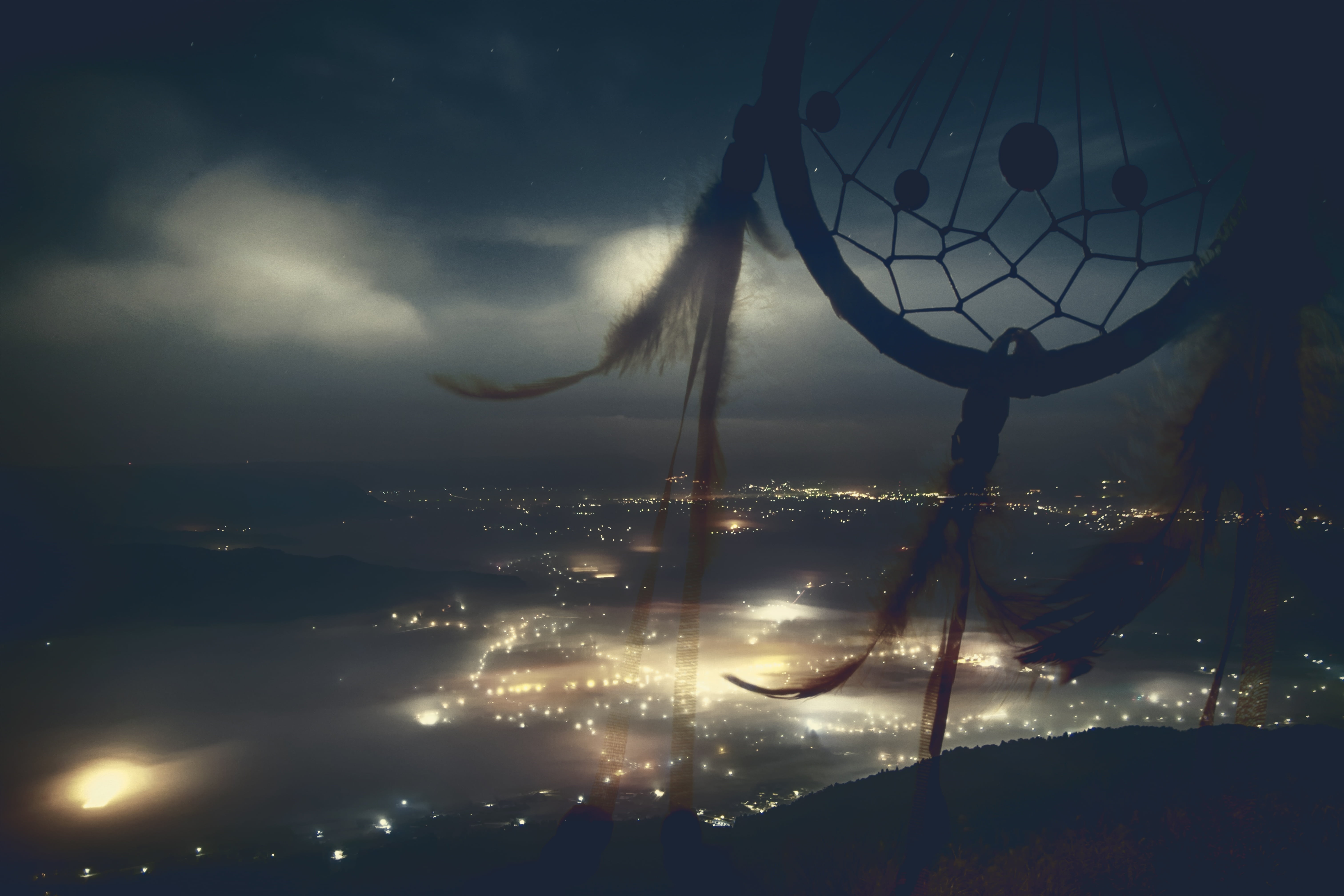 dreamlike, silhouette, architecture, illuminated, city, catcher, dreamcatcher, sky, dream, beauty in nature, environment, lights, storm, building exterior, HD Wallpaper