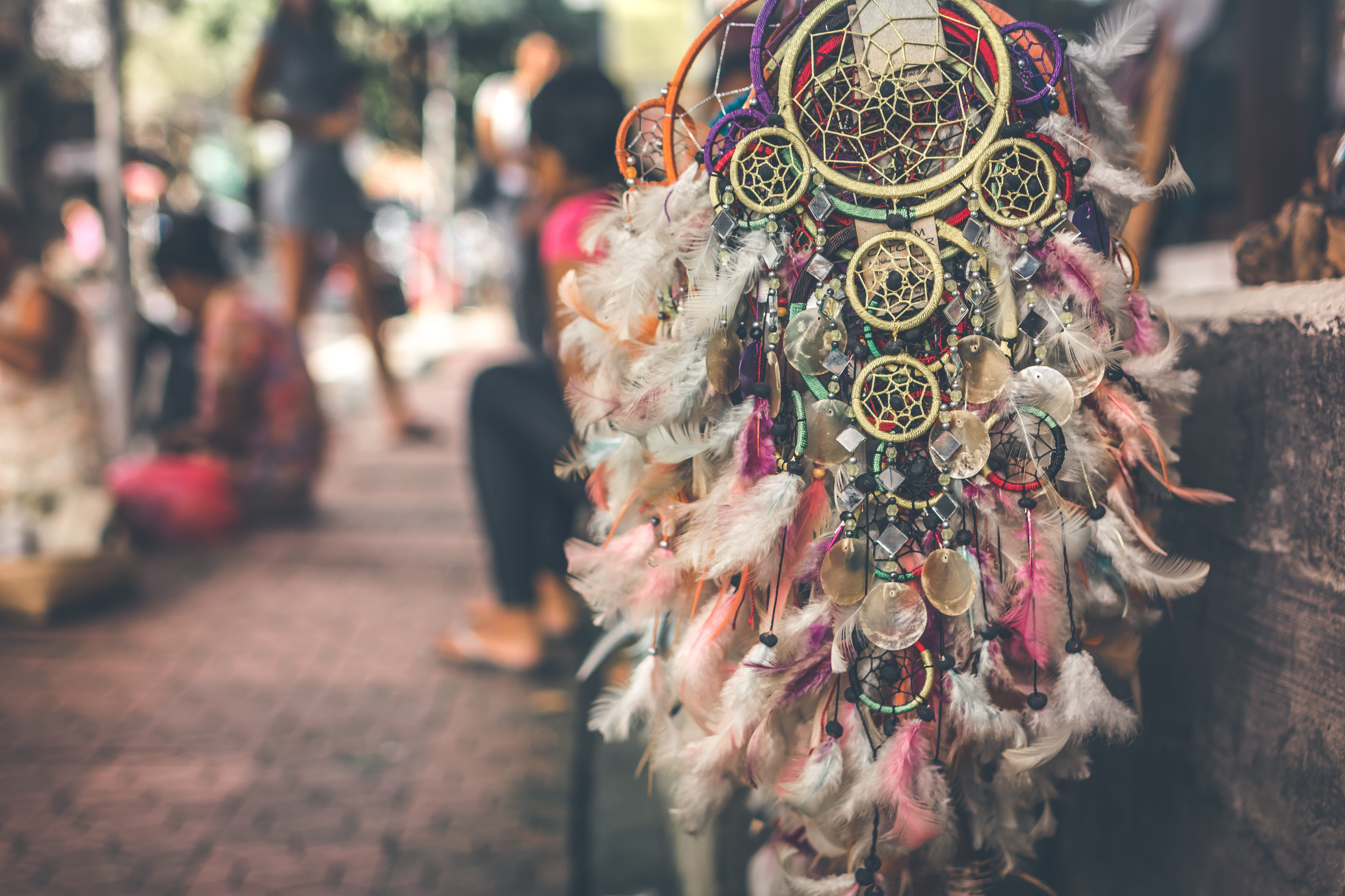 art and craft, pattern, blur, outdoors, culture, clothing, feathers, street, people, handmade, close-up, focus, hang, feather, celebration, protection, HD Wallpaper