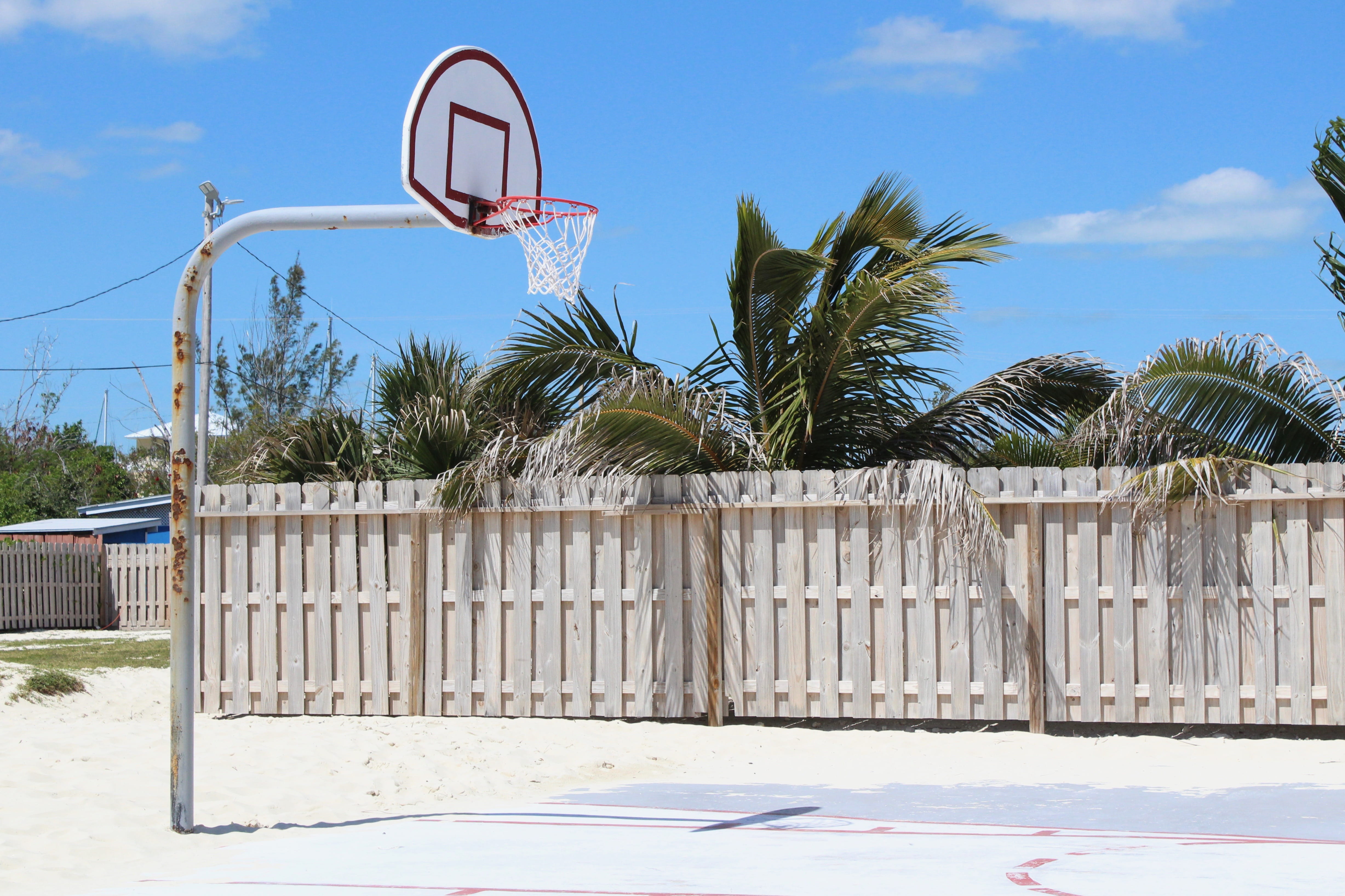 fence, basketball - ball, leisure activity, basketball - sport, mid-air, outdoors, cloud - sky, court, standalone, barrier, sky, tree, backboard, gray, HD Wallpaper