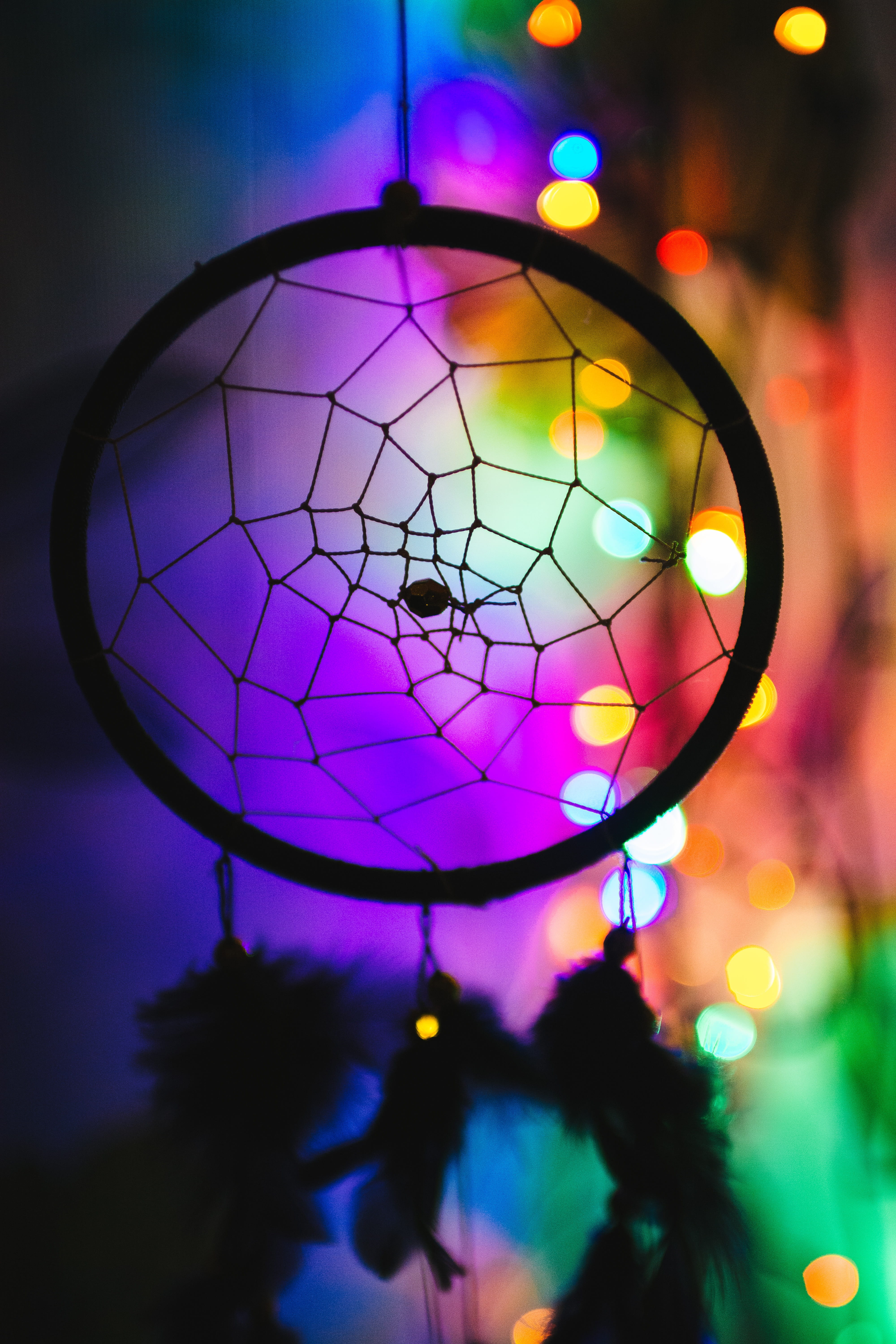 focus on foreground, purple, dream catcher, black, colorful, multi colored, circle, colourful, light, hanging, lights, shape, celebration, 5K, sphere, Phone HD Wallpaper