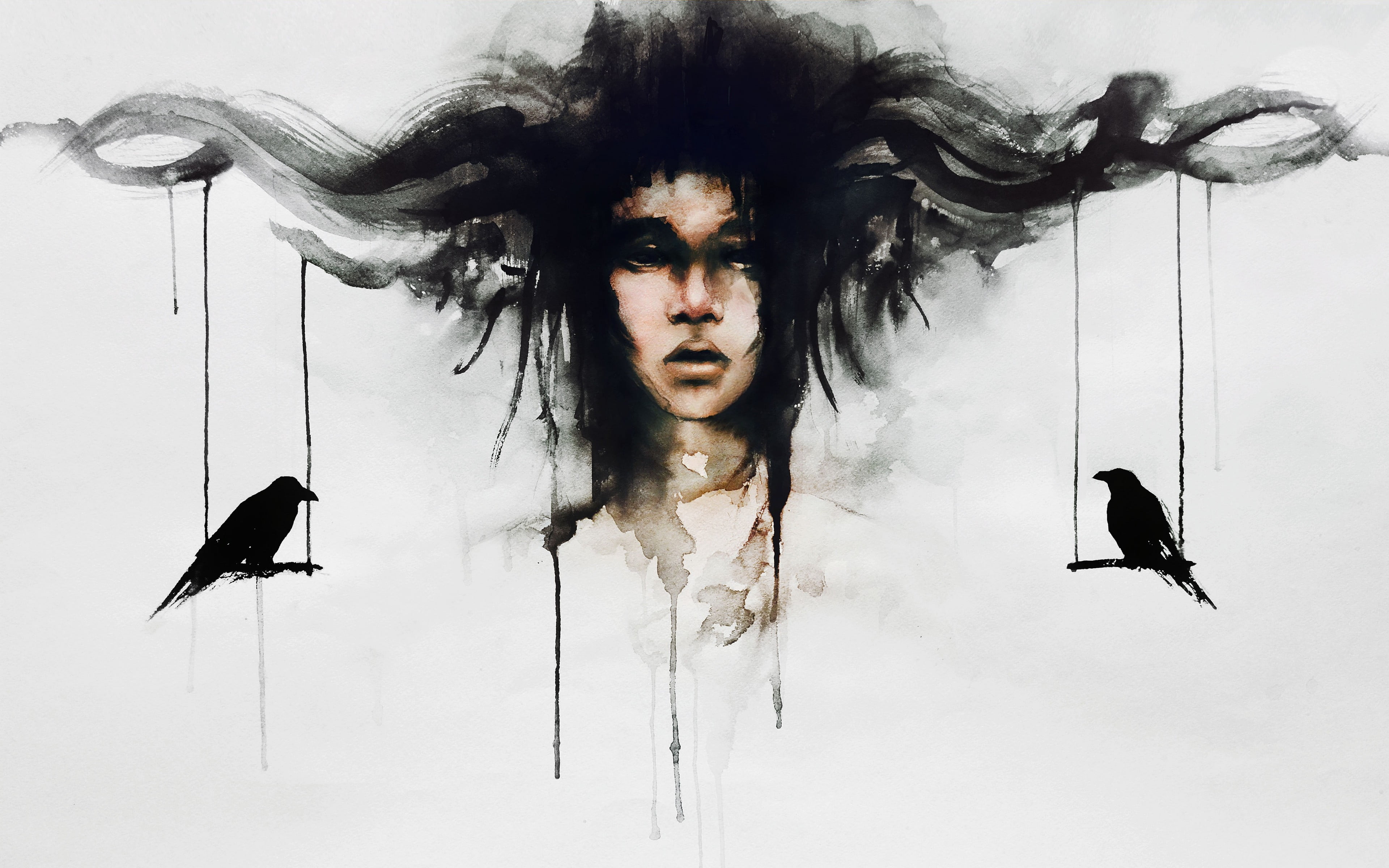 black color, young women, spooky, dream, studio shot, catcher, artwork, make-up, women, looking at camera, hair  , horror, black, hair, hairstyle, digital composite, HD Wallpaper
