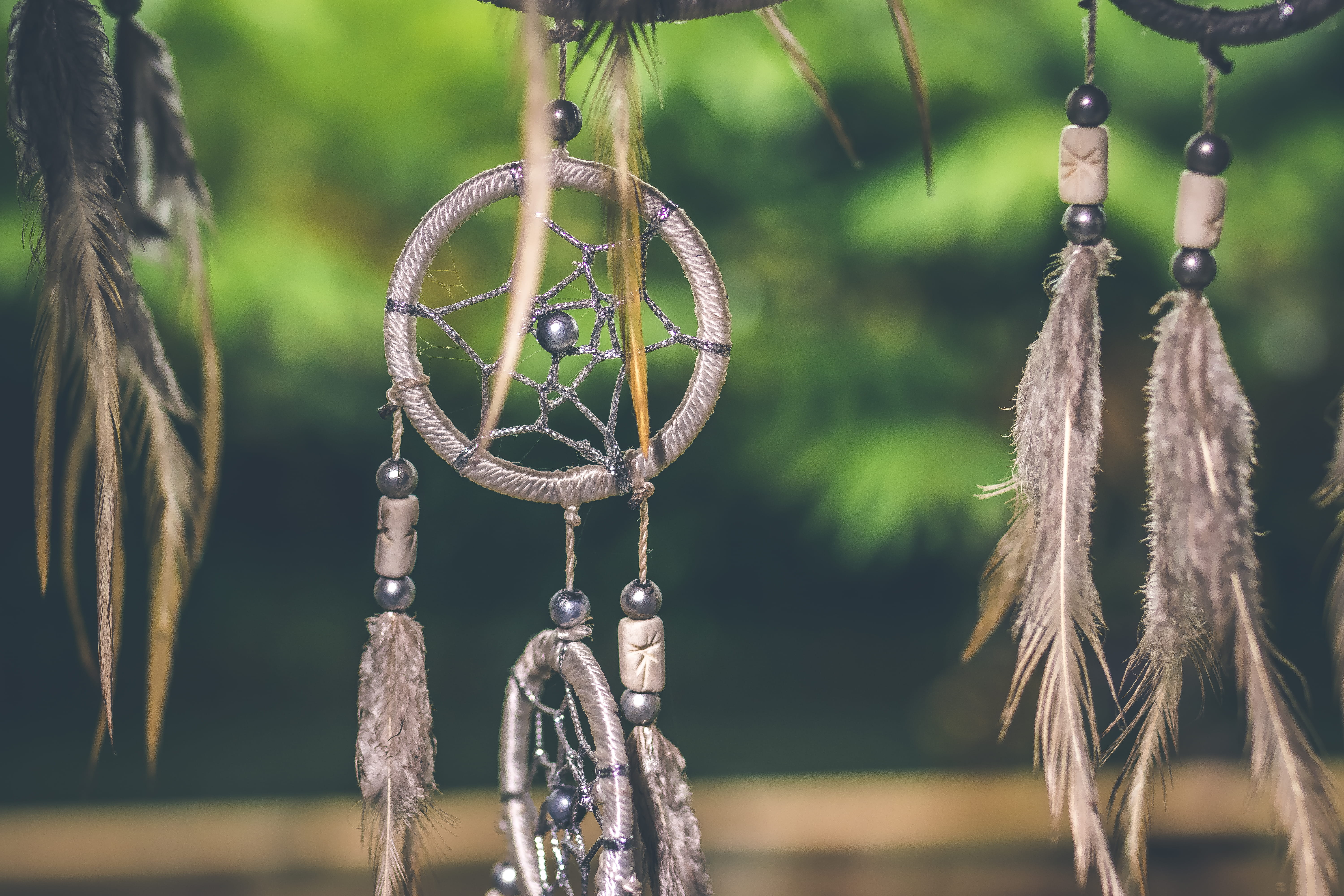 hanging, catcher, belief, feather, craft, plant, spirituality, religious equipment, religion, focus on foreground, water, gray, blurred background, daylight, HD Wallpaper