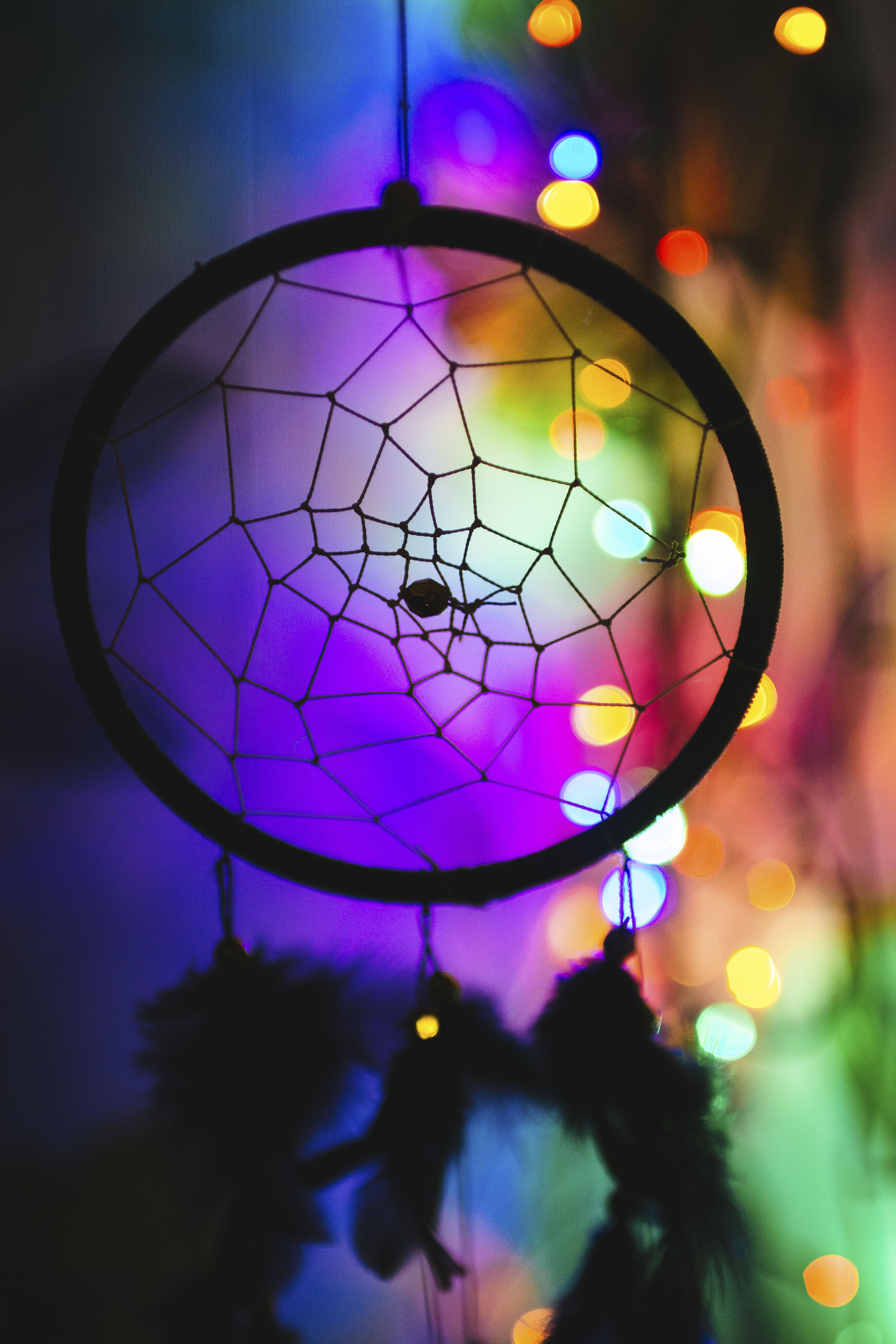 multicolored, decoration, illuminated, dream, light, multi colored, art, no people, bokeh, craft, purple, celebration, glowing, dreamcatcher, night, dark, Phone HD Wallpaper