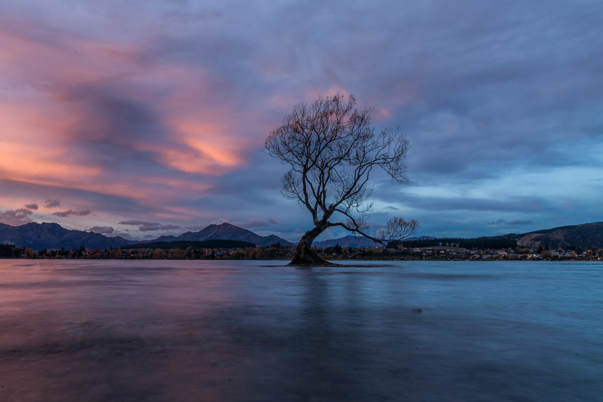 lake, landscape, Wanaka  New Zealand, photographed, body of water, Recreational, mountain, black, sunset, middle, Reserve, 1080P, tree, water, scenics, HD Wallpaper