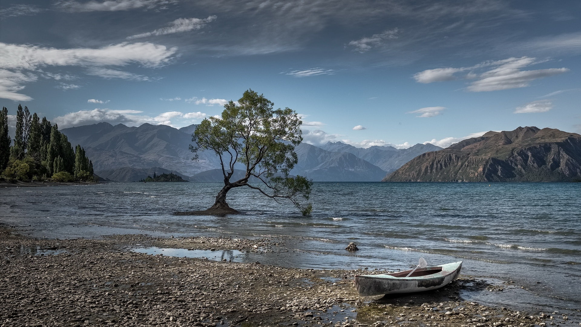 mountains, water, boat, nature, 1080P, New Zealand, Lake Wanaka, HD Wallpaper