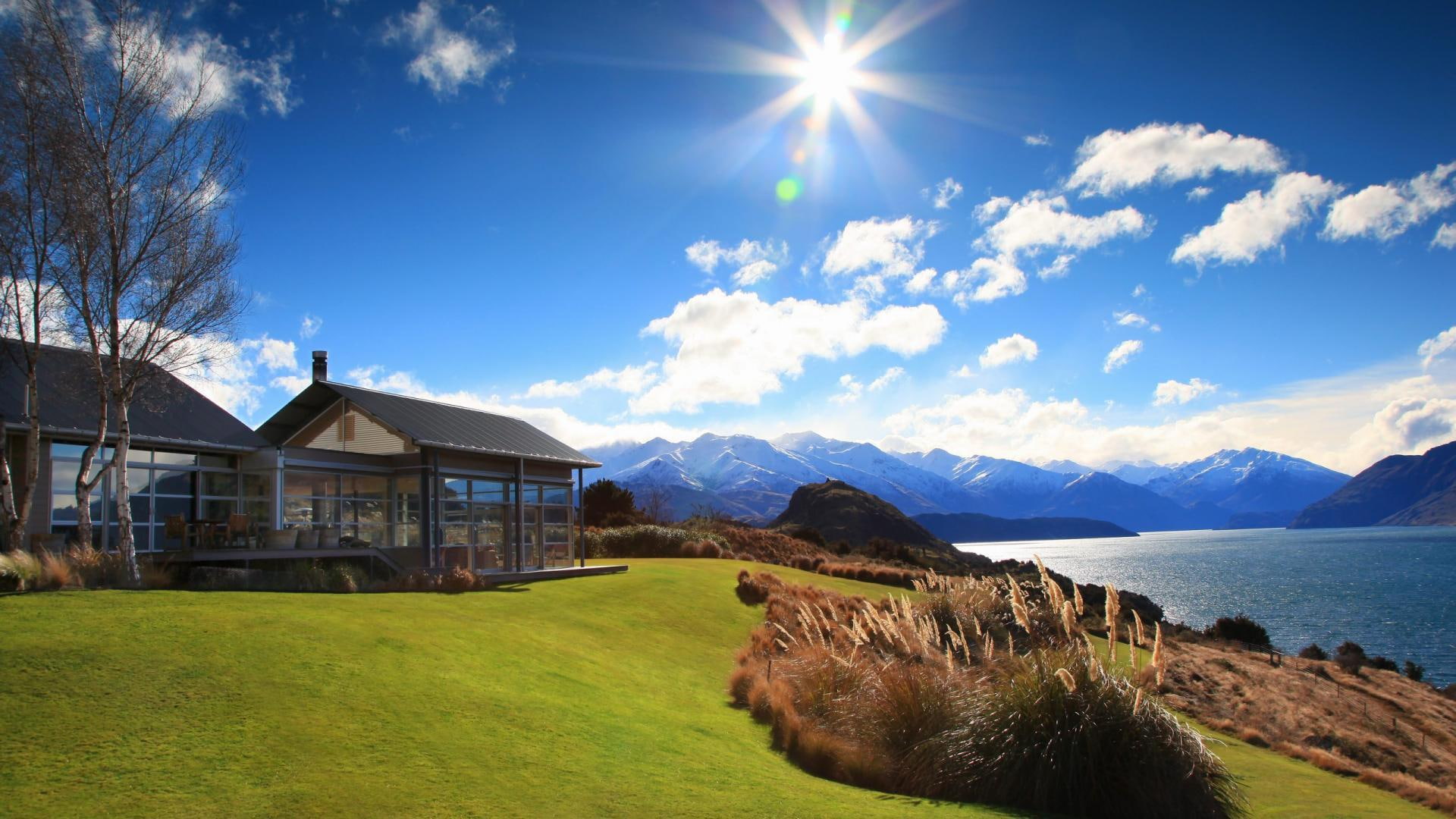 mountains, cabin, wonders, zeal, 1080P, wanaka, bungalow, nature and landscapes, lake, black, shore, new, HD Wallpaper