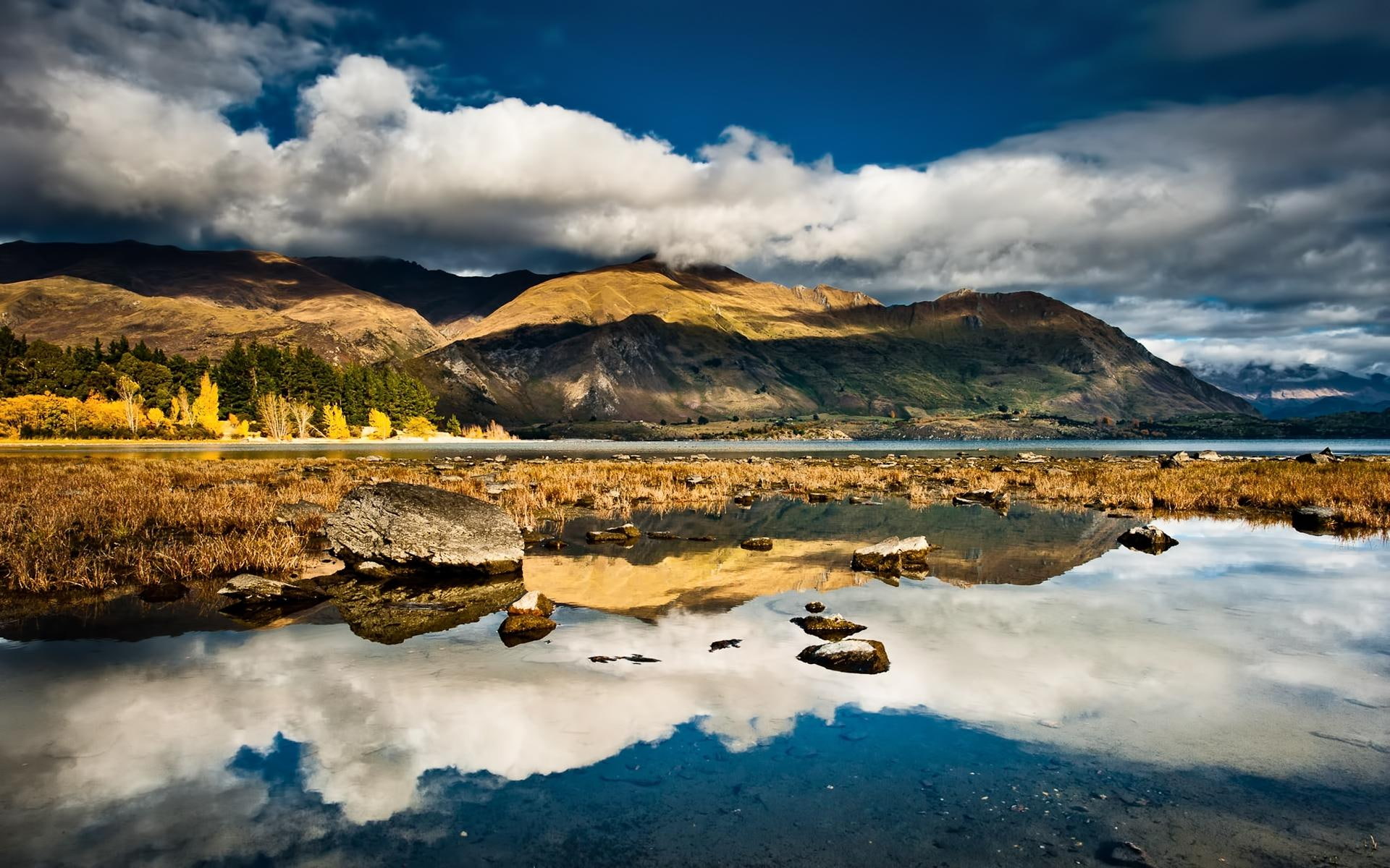 reflection, 1080P, new, nature and landscapes, new zealand, mountains, zeal, water, HD Wallpaper