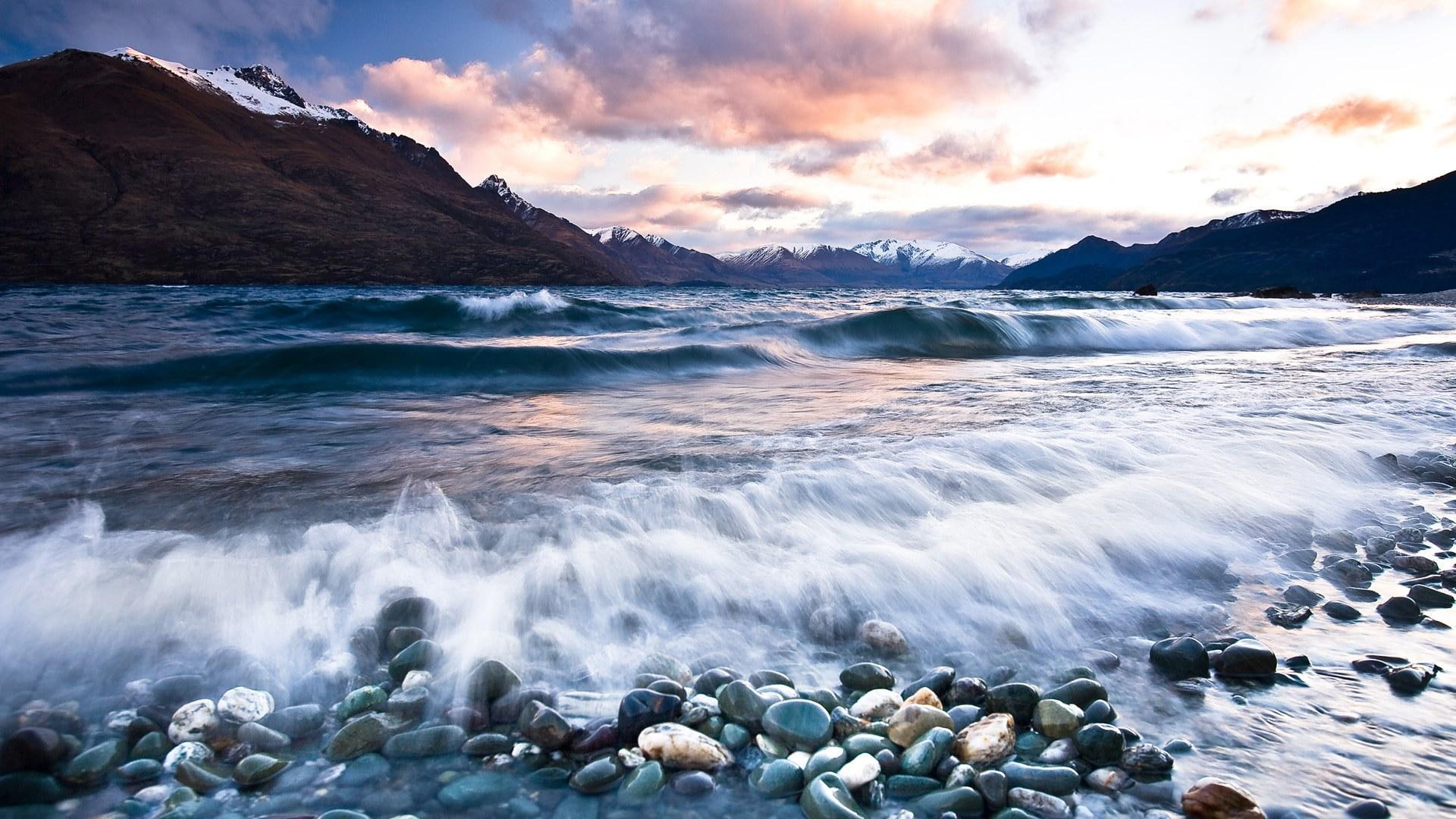 skies, beautiful, nature, mountains, beaches, lake, water, majestic, queenstown, sunset, ocean, 1080P, zeal, new zeala, new, near, waves, HD Wallpaper
