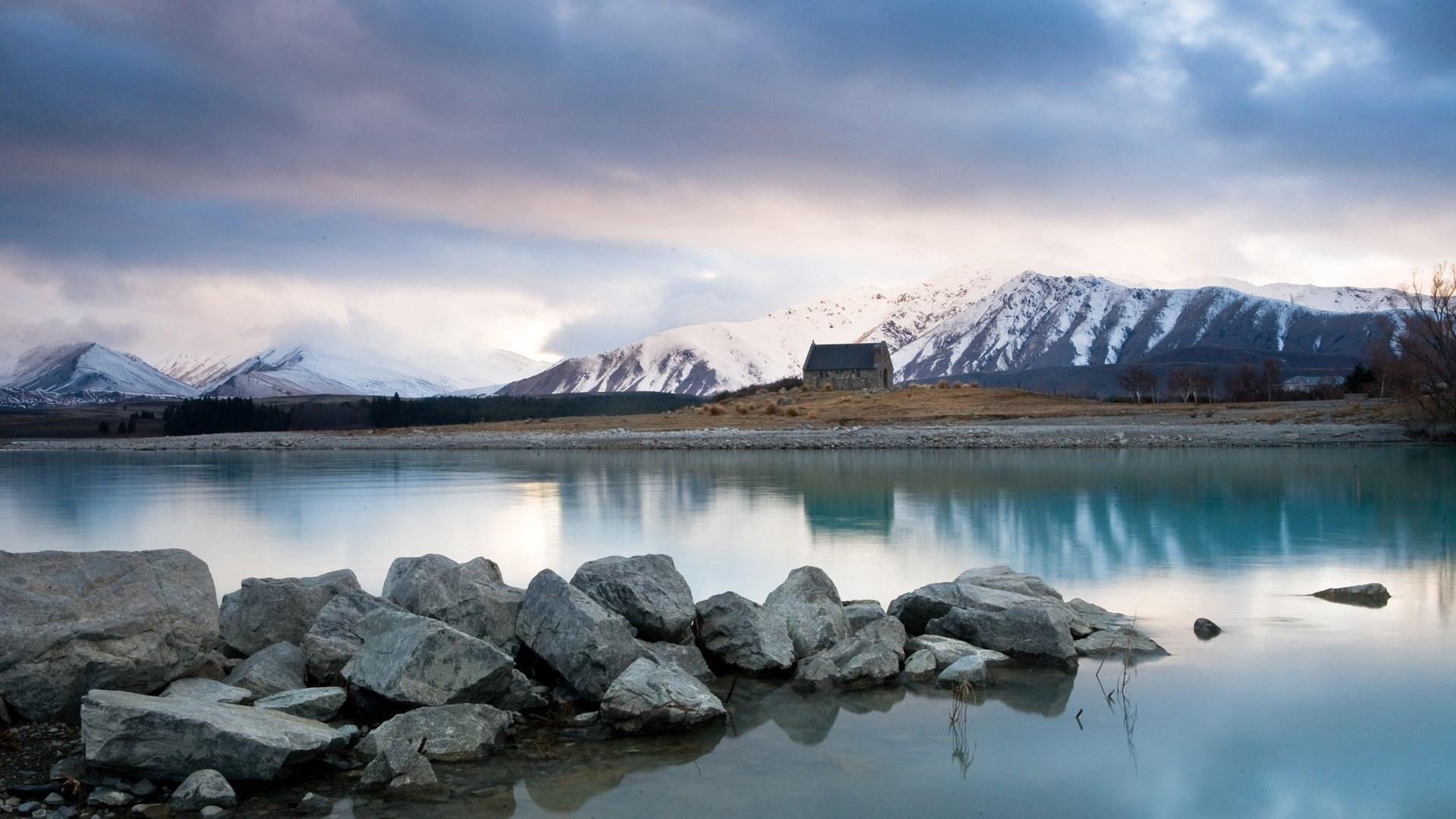 clouds, water, new, lake tekapo, formation, river, near, cloudy, new zealand, 3d and abstract, rock, winter, zeal, sky, tekapo, lake, mountains, grey, black, HD Wallpaper