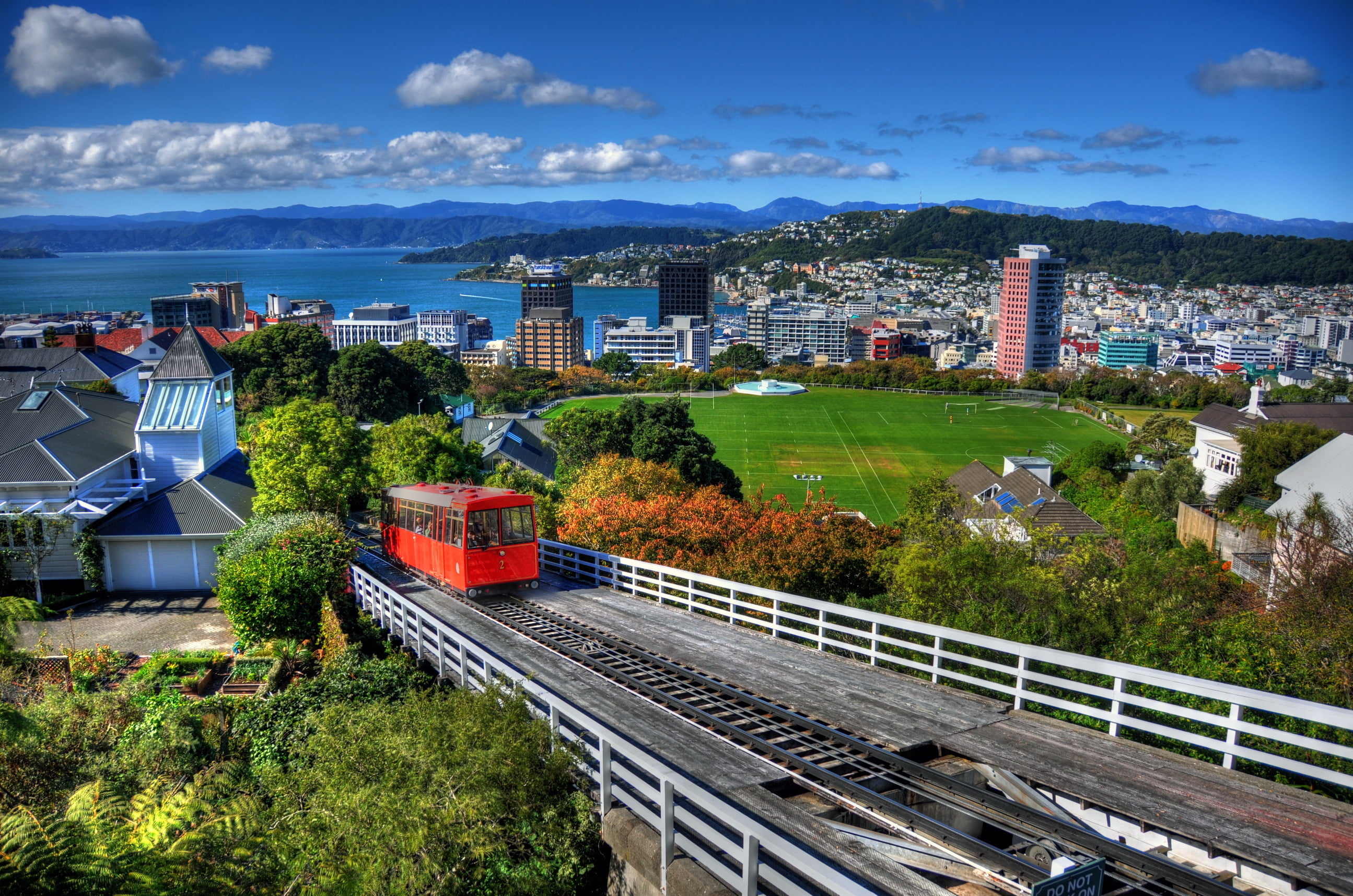mountains, nature, Wellington, no people, stadium, cable, and, travel, mountain, urban Skyline, track, home, outdoors, train - vehicle, high angle view, HD Wallpaper