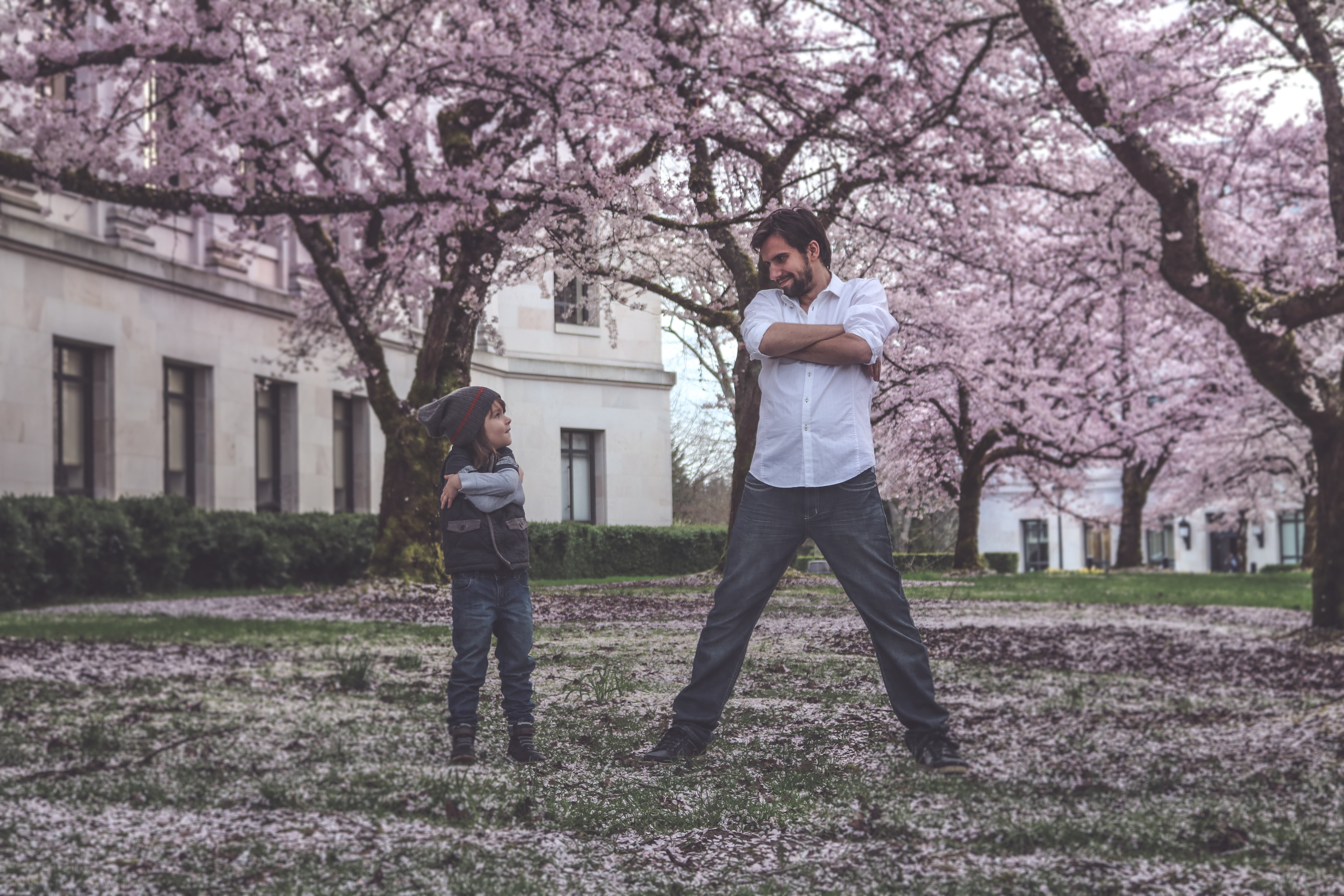 fun, springtime, branch, happy, outdoors, portrait, lifestyle, father, bloom, real people, nature, young women, sakura, people, casual clothing, flower, HD Wallpaper