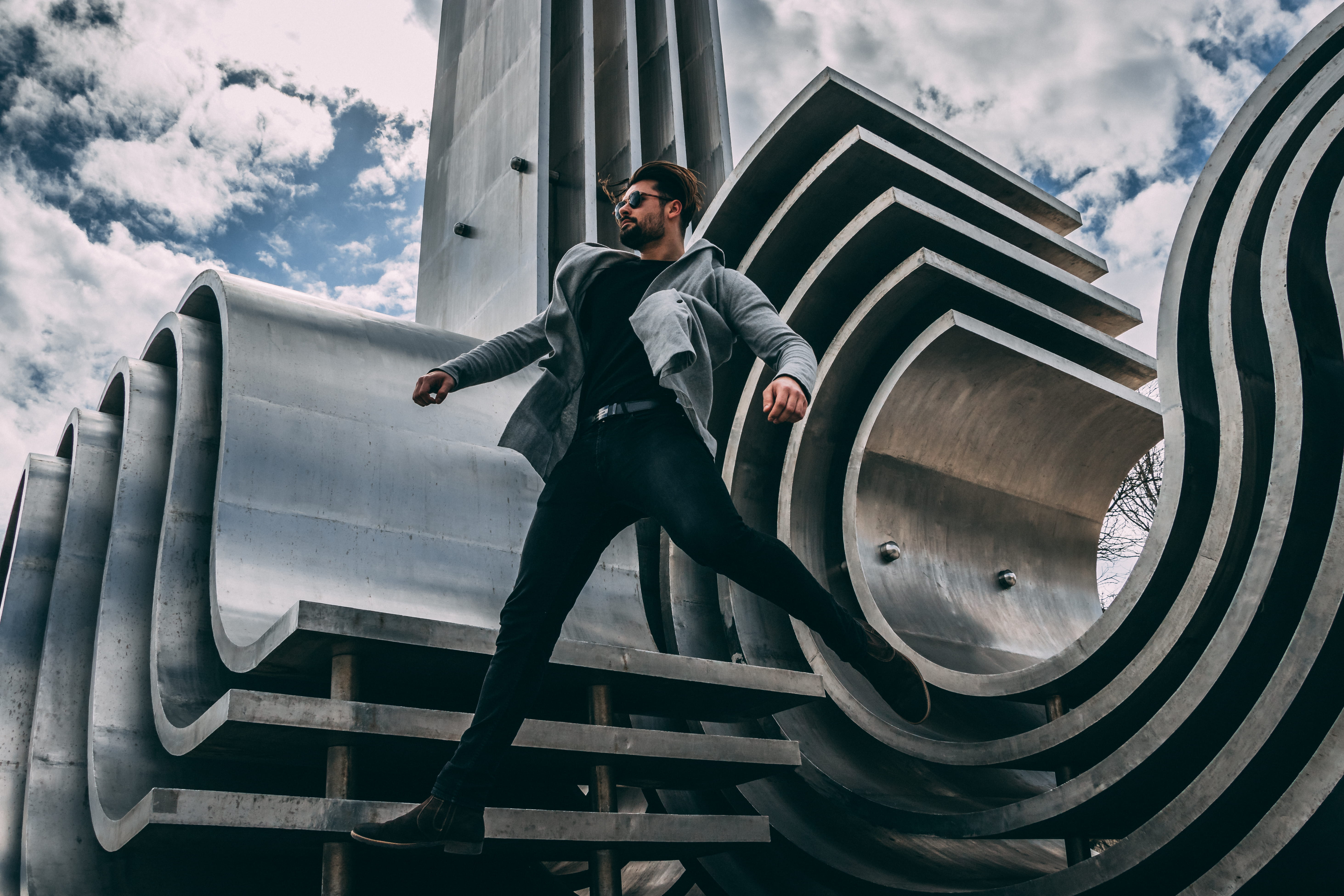 full length, guy, building exterior, architecture, man, outdoors, male, real people, young men, cloud, staircase, 5K, steps and staircases, leisure activity, HD Wallpaper