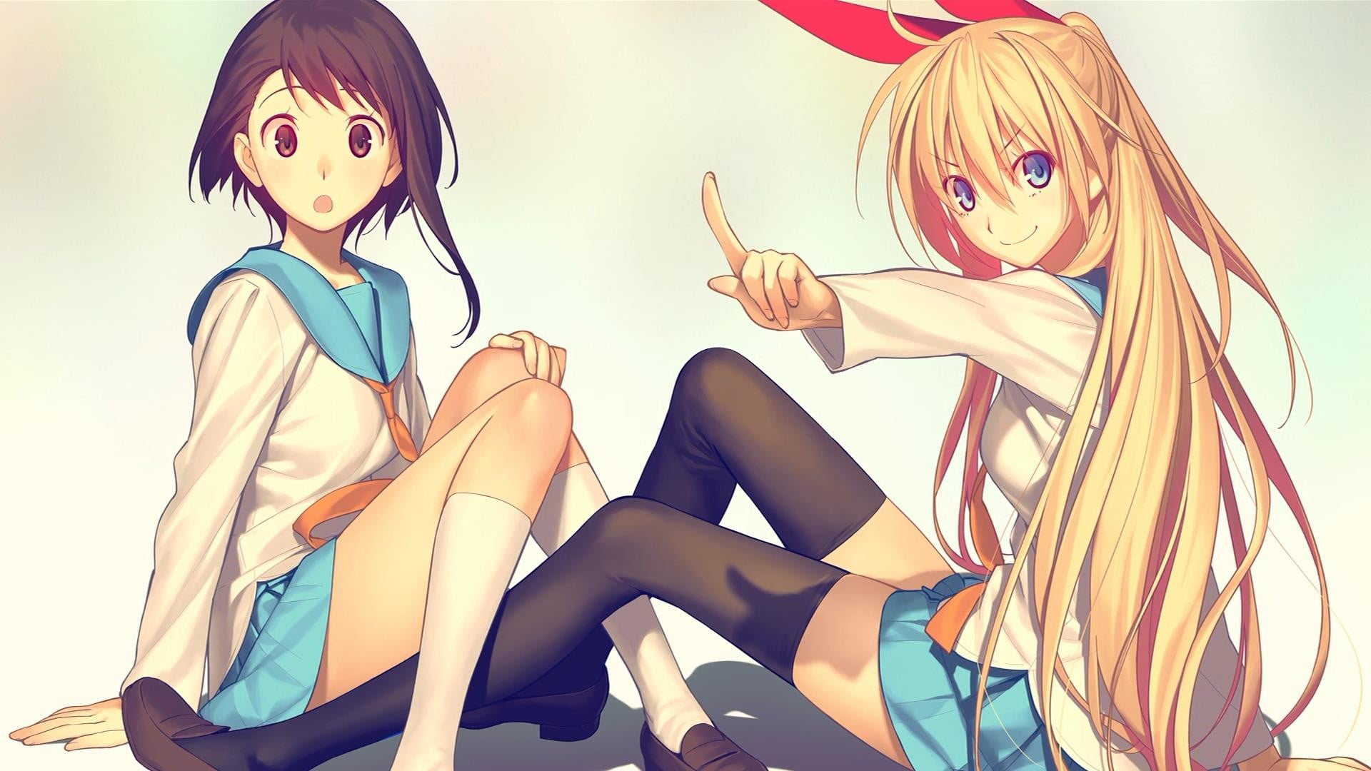 Nisekoi, representation, portrait, female, hairstyle, Kirisaki Chitoge, Onodera Kosaki, anime, beautiful woman, costume, adult, characters, thigh-highs, HD Wallpaper