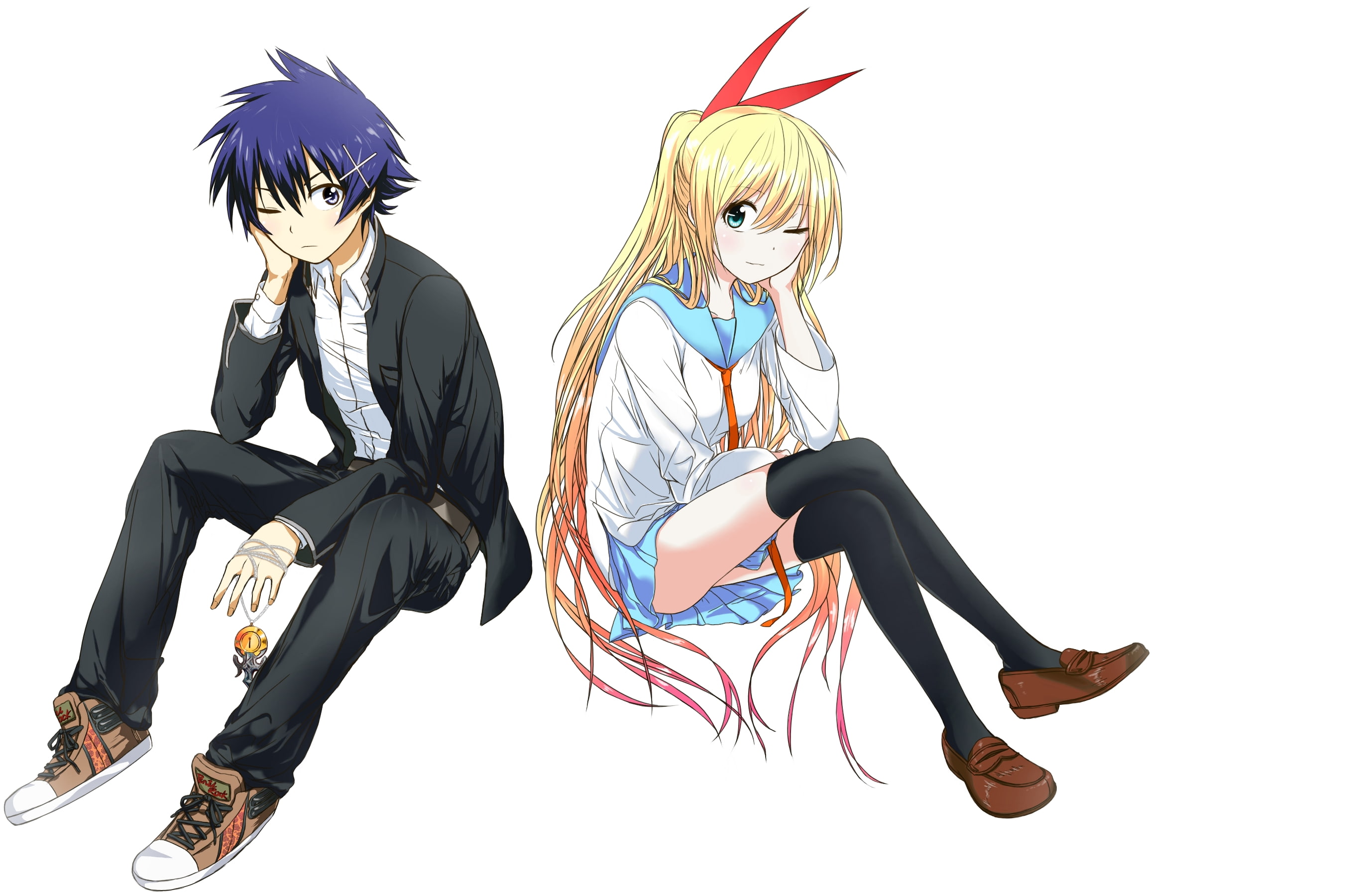 clothing, black color, sitting, full length, anime girls, fashion, hair ornament, Nisekoi, young adult, blue hair, cut out, anime, young men, studio shot, HD Wallpaper