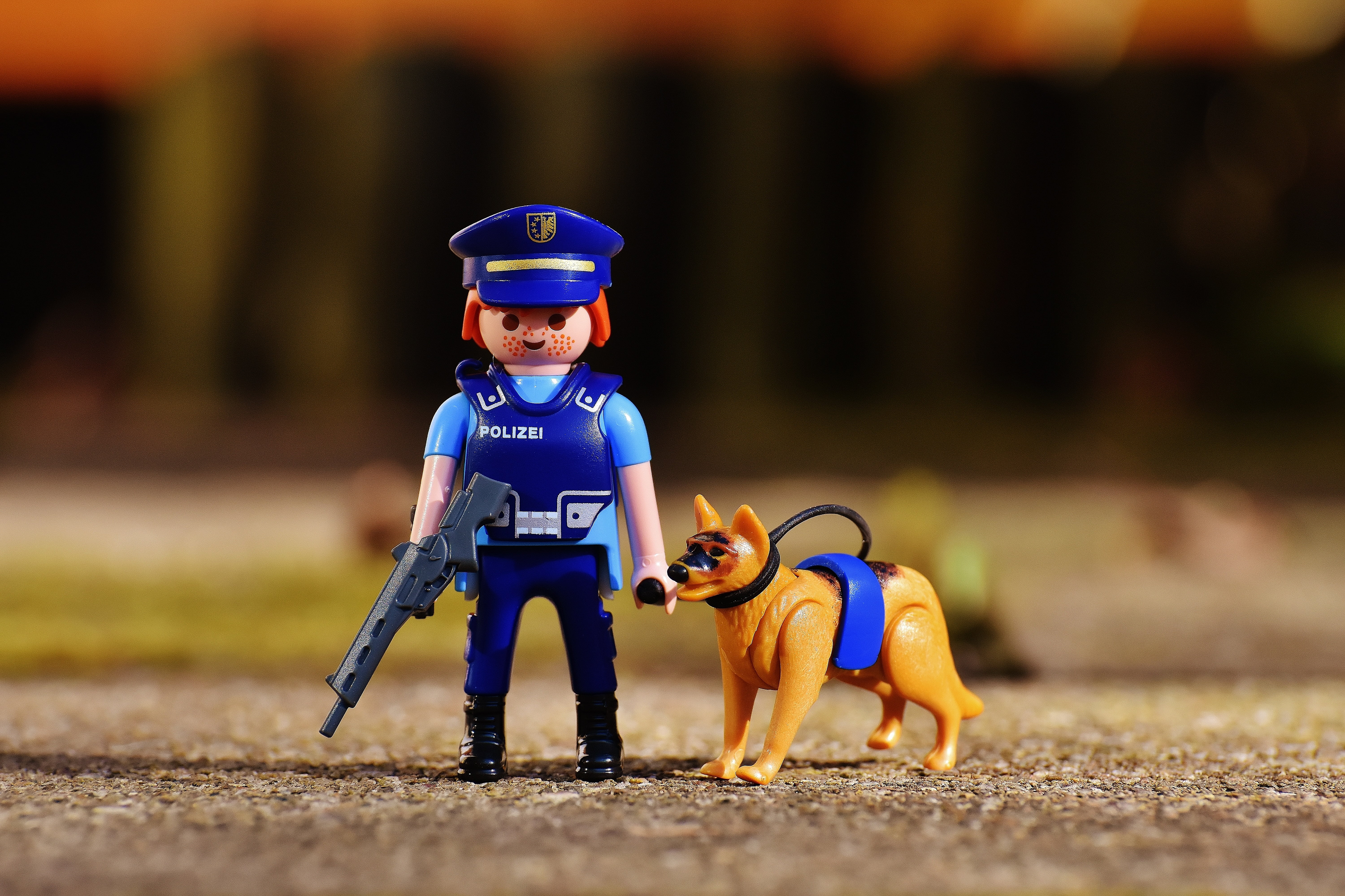 small, playmobil, emotion, 5K, men, cute, helmet, people, portrait, selective focus, males, dog guide, full length, lego, innocence, boys, offspring, police dog, HD Wallpaper