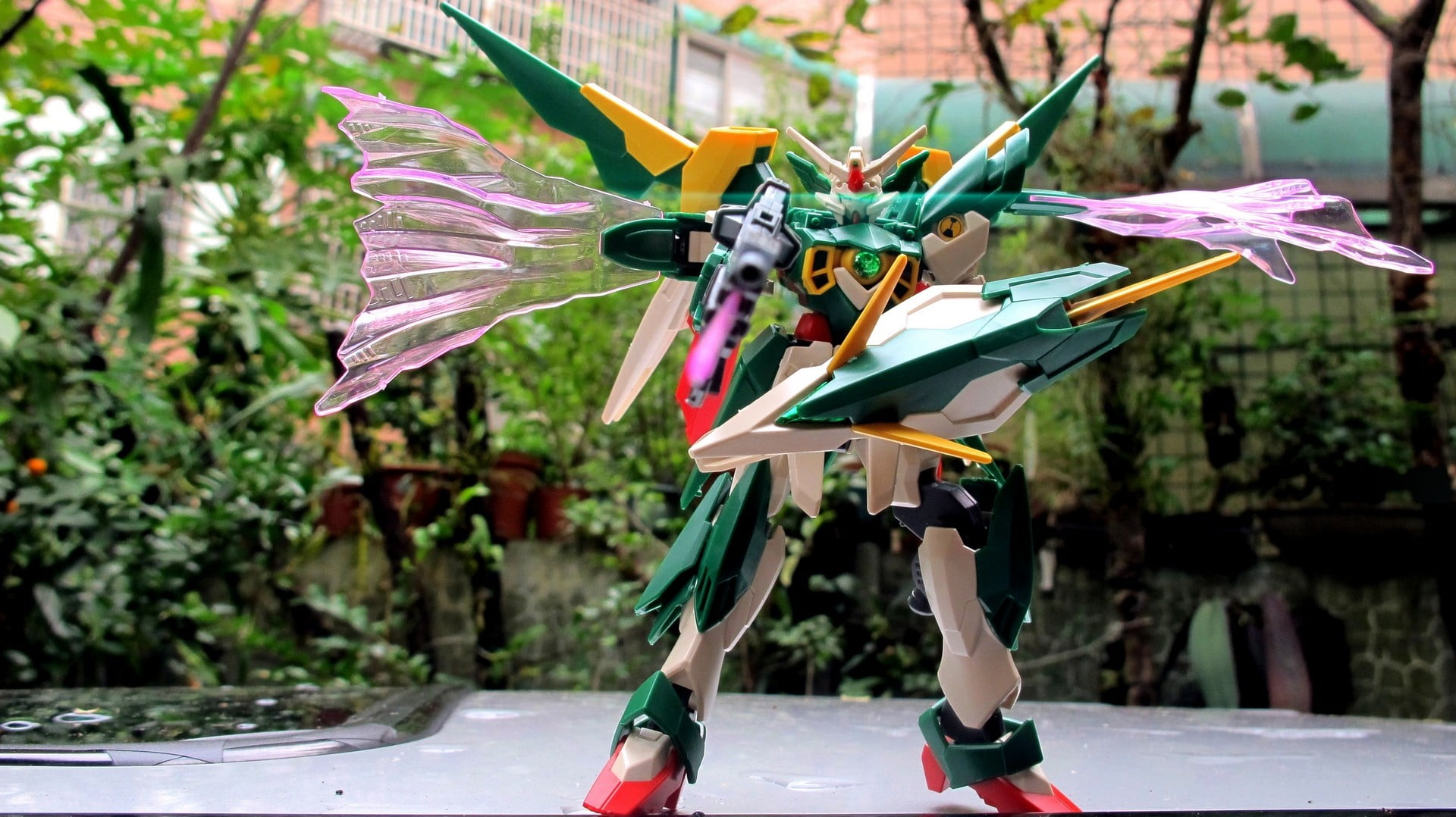 Gundam, pinwheel toy, figure, multicolored, action, paper, craft, art and craft, sunlight, 1080P, animal representation, plant, real people, creativity, HD Wallpaper