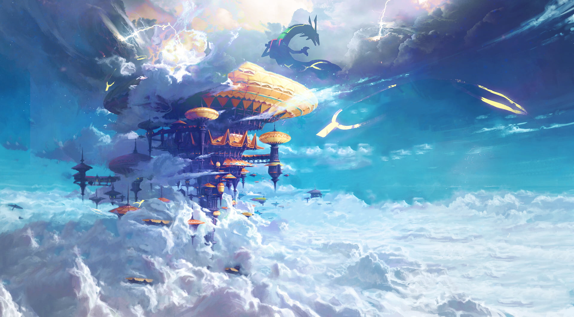 clouds, Rayquaza, 1080P, Pokémon, sky, anime, digital art, HD Wallpaper