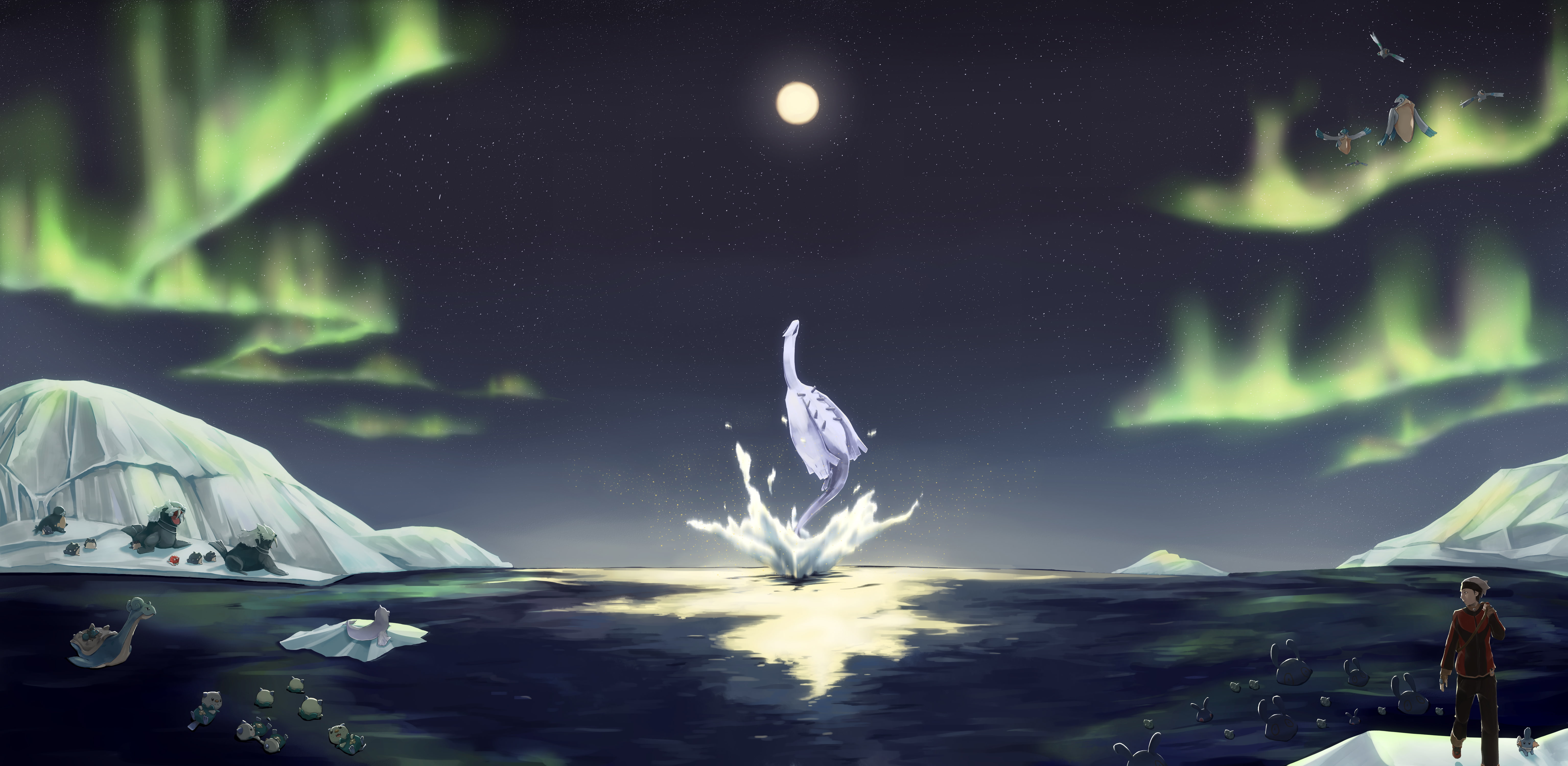 lapras, mudkip, walrein, mantine, oshawott, lugia, mantyke, 5K, remoraid, pelipper, water, moon, pokemon, spheal, sealeo, wingull, magikarp, dewgong, ruby, HD Wallpaper