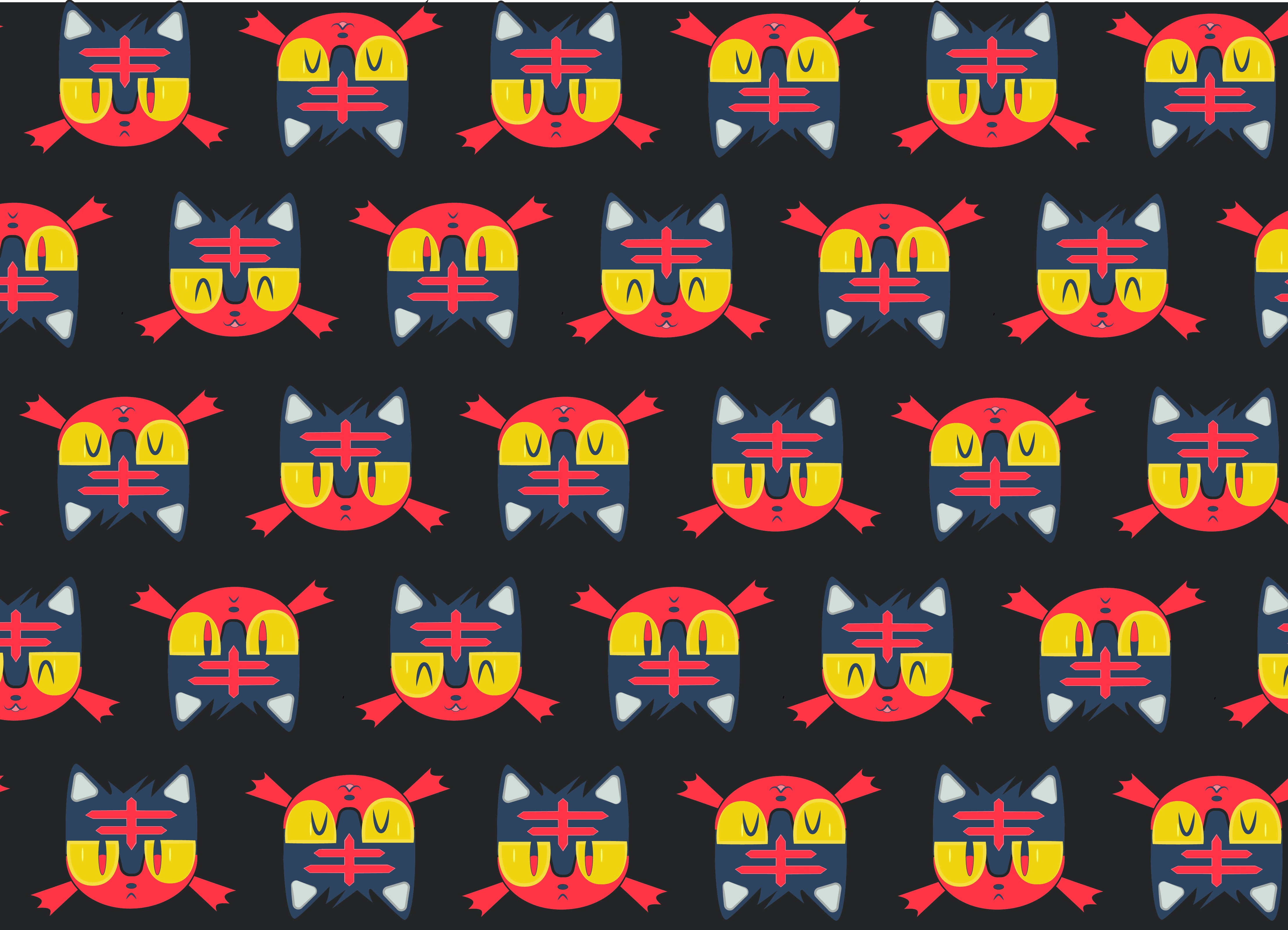 pattern, red, side by side, representation, arrangement, abundance, cat, animal representation, architecture, in a row, yellow, illustration, Pokémon, backgrounds, HD Wallpaper