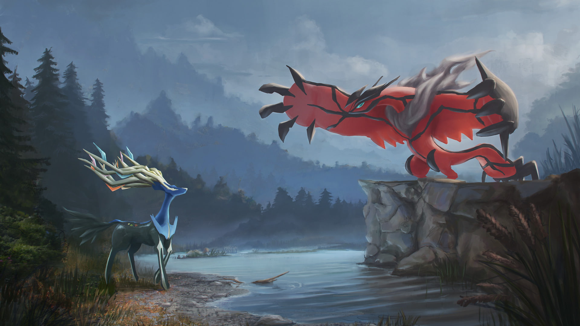 forest, Pokémon, cloud - Sky, winter, tree, scenics, blue, Legendary Pokémon, outdoors, sky, landscape, night, nature, woodland, illustration, Yveltal (Pokémon), HD Wallpaper