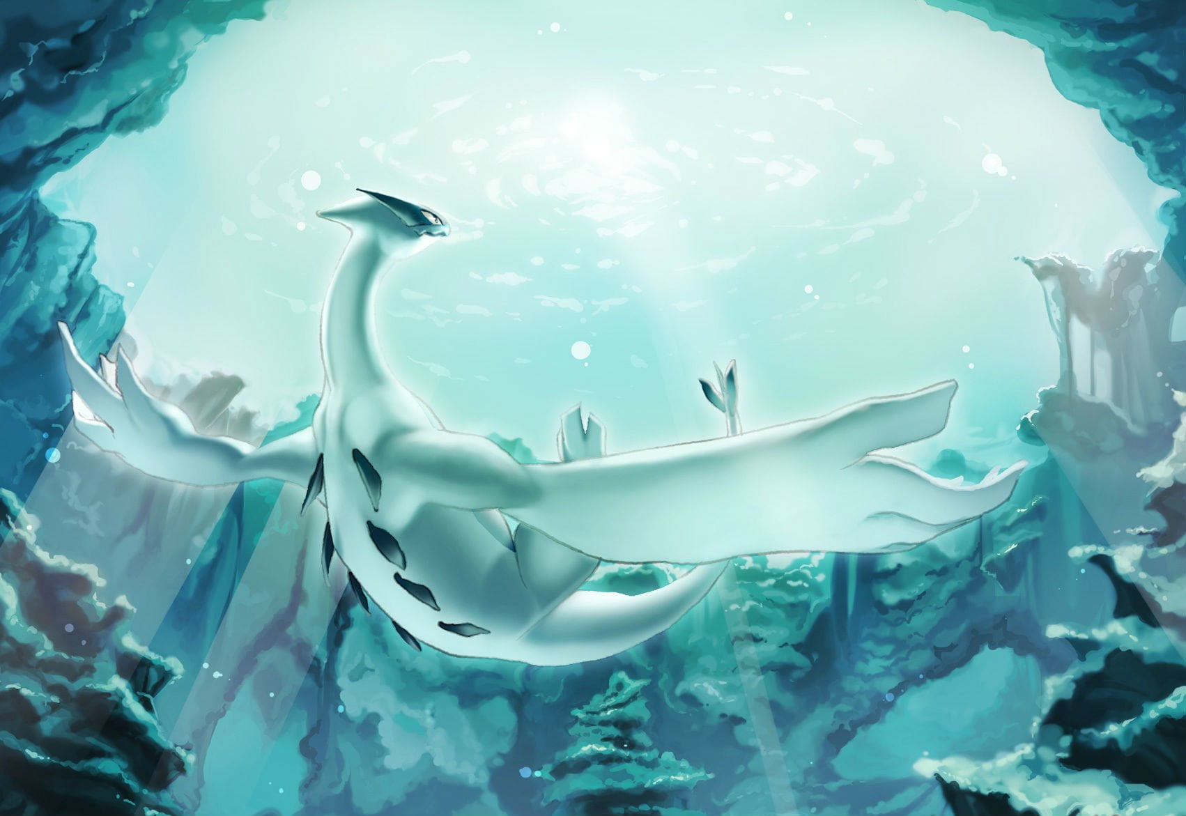 swimming, close-up, white, transparent, blue, Legendary Pokémon, sea, group of animals, animals in the wild, animal themes, Lugia (Pokémon), HD Wallpaper