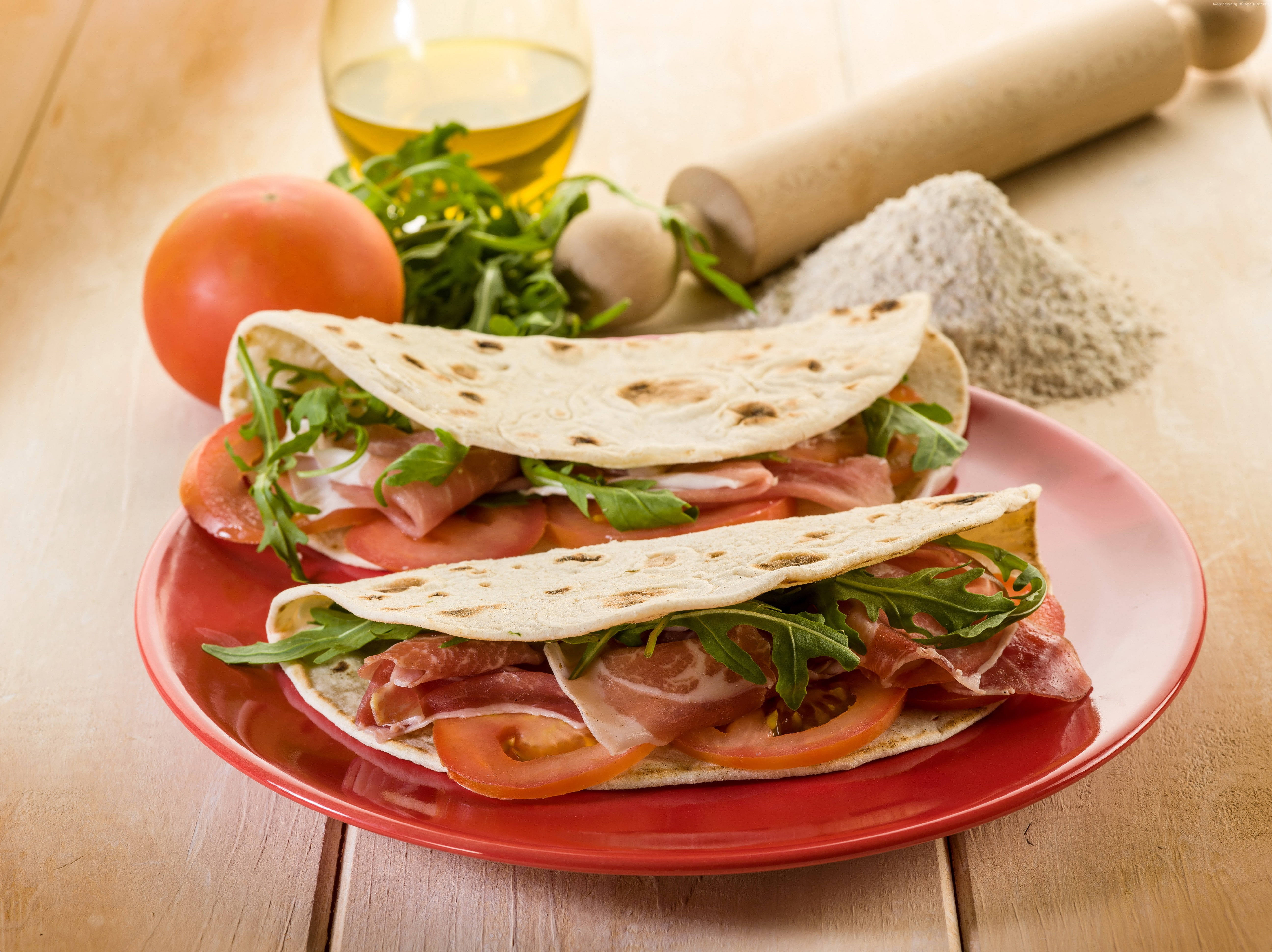 pita bread, flour, 5K, Tortilla, bacon, tomato, HD Wallpaper