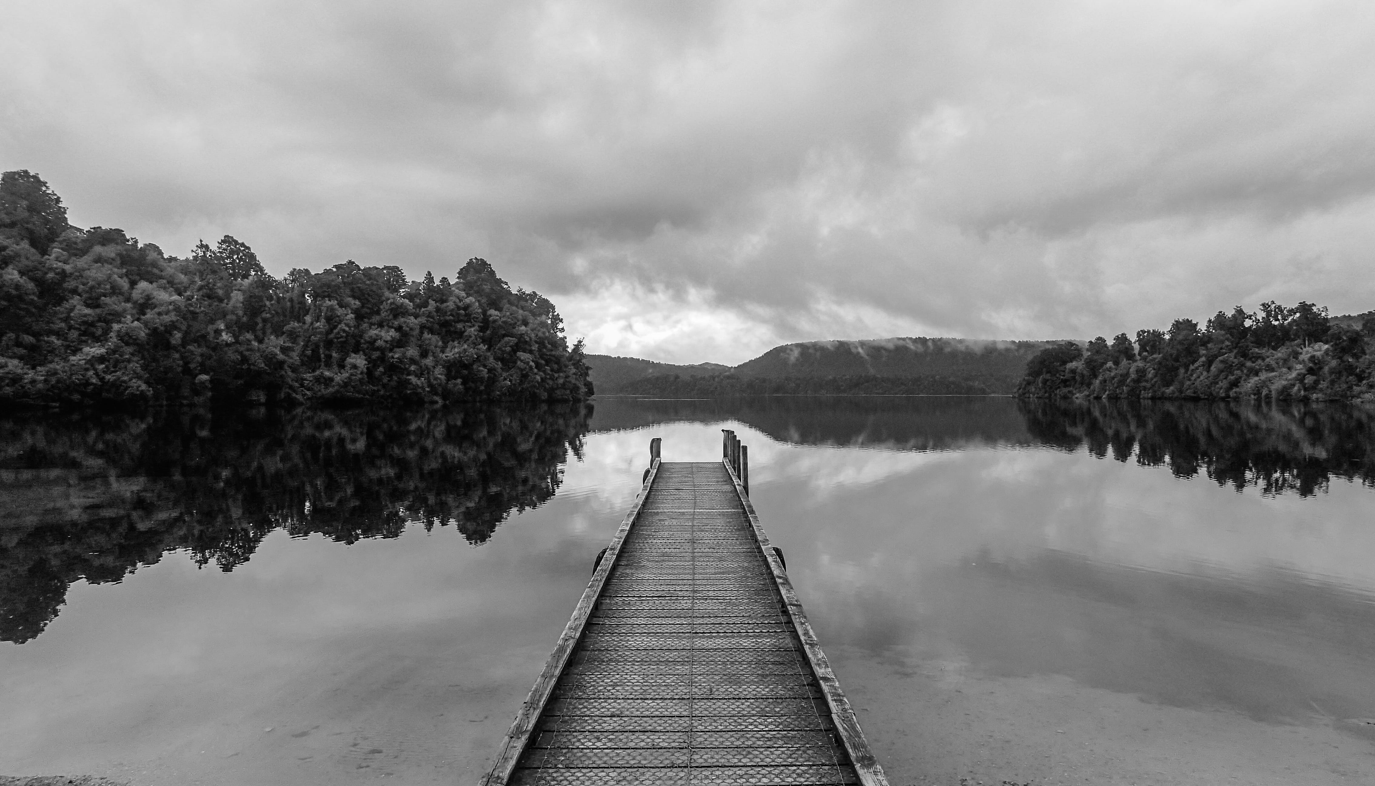 west coast, jetty, tranquil scene, wharf, pier, cloud - sky, nz, earthporn, diminishing perspective, tree, plant, lake, reflection, water, sky, wilderness, HD Wallpaper