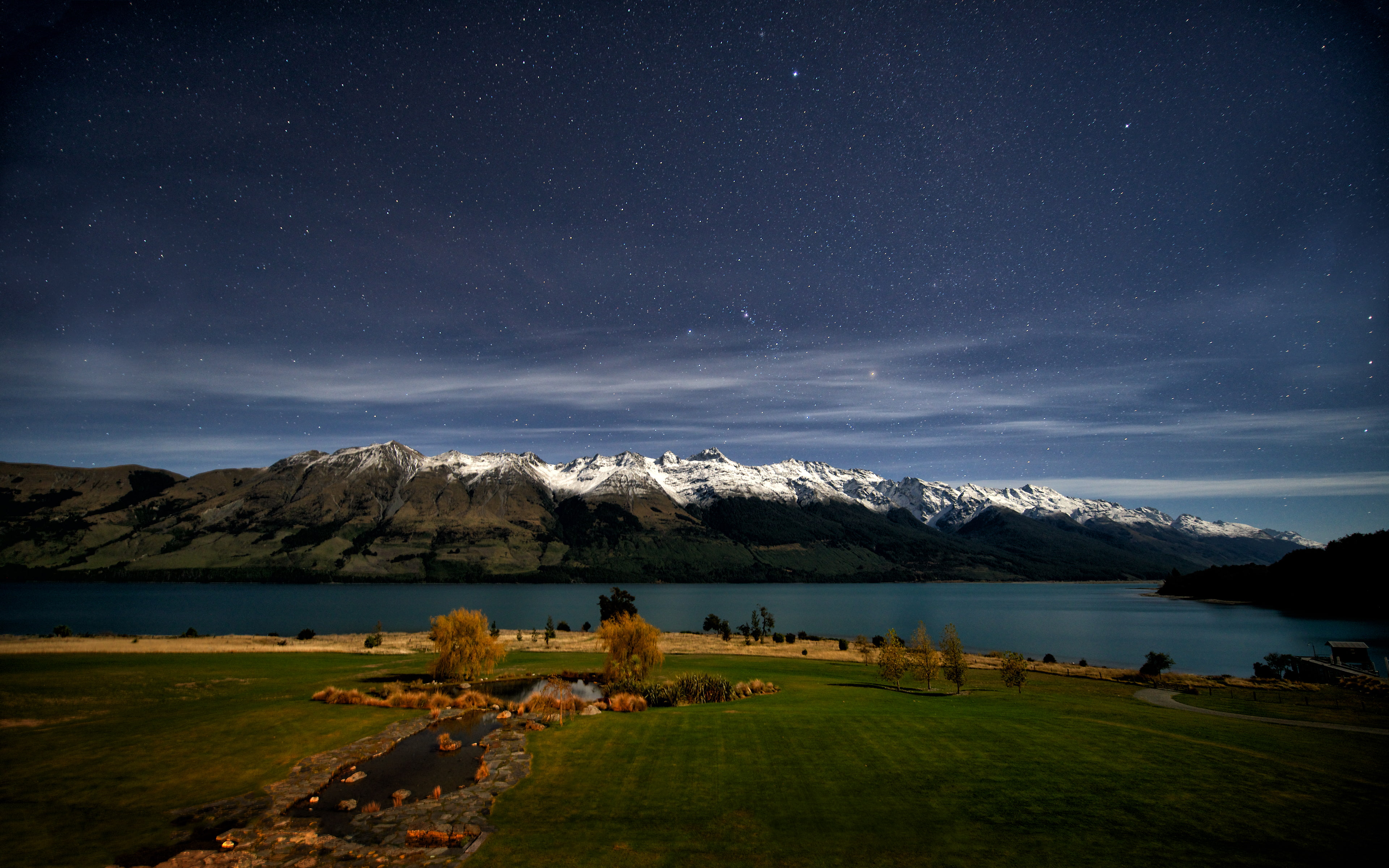 mountains, longexposure, 4K, nikond800, nature, silent, water, night, nikonaf‑snikkor14‑24mmf/2.8ged, lakewakatipu, lakes, darkblue, newzealand, landscape, HD Wallpaper