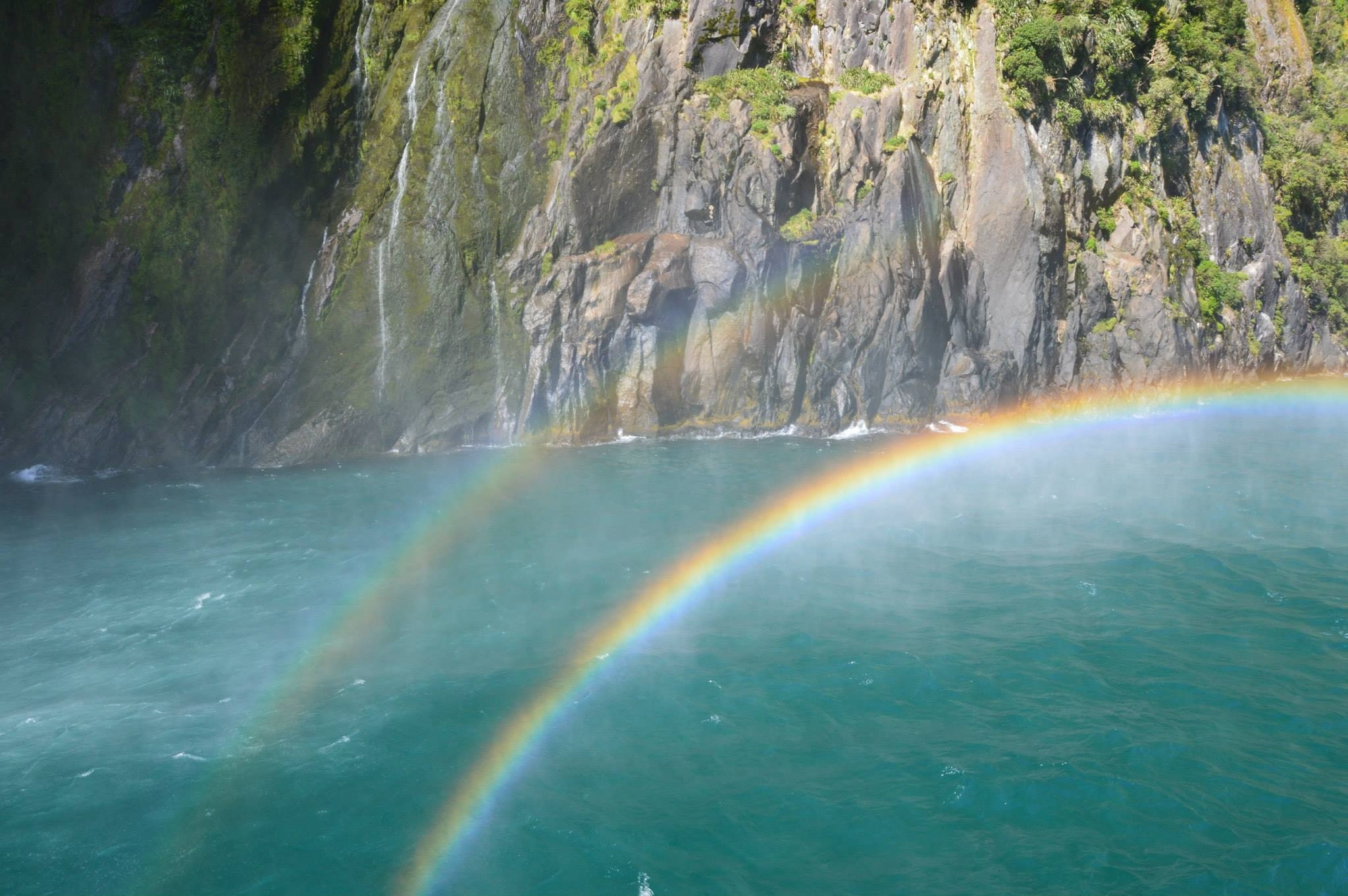 water, New Zealand, waterfall, double rainbow, long exposure, rainbow, power in nature, nature, mountain, no people, tranquil scene, waterfront, beauty in nature, HD Wallpaper