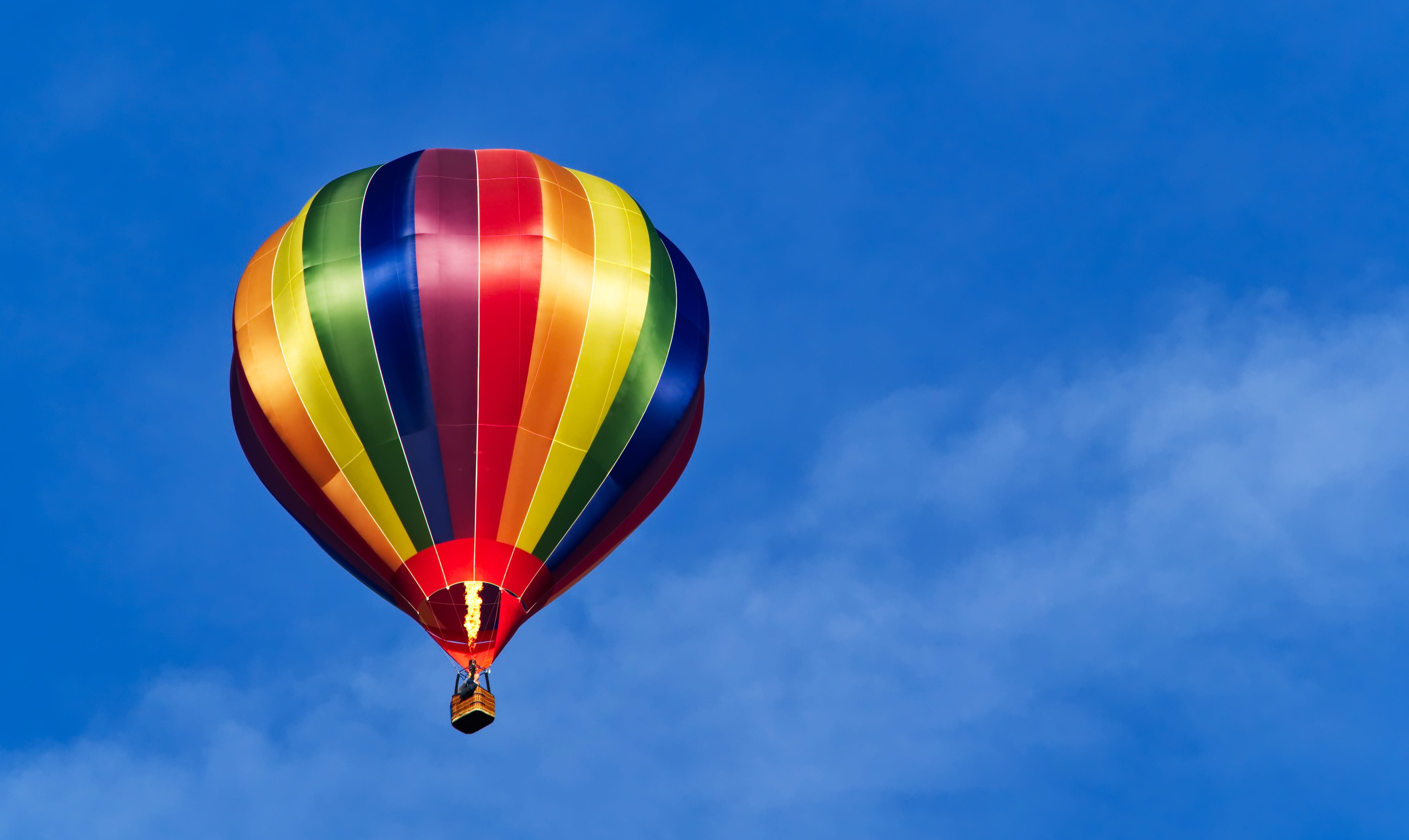 color, air vehicle, spectrum, ballooning festival, mid-air, outdoors, basket, cloud - sky, ascent, rainbow, rise, blue, transportation, hot, multi colored, HD Wallpaper