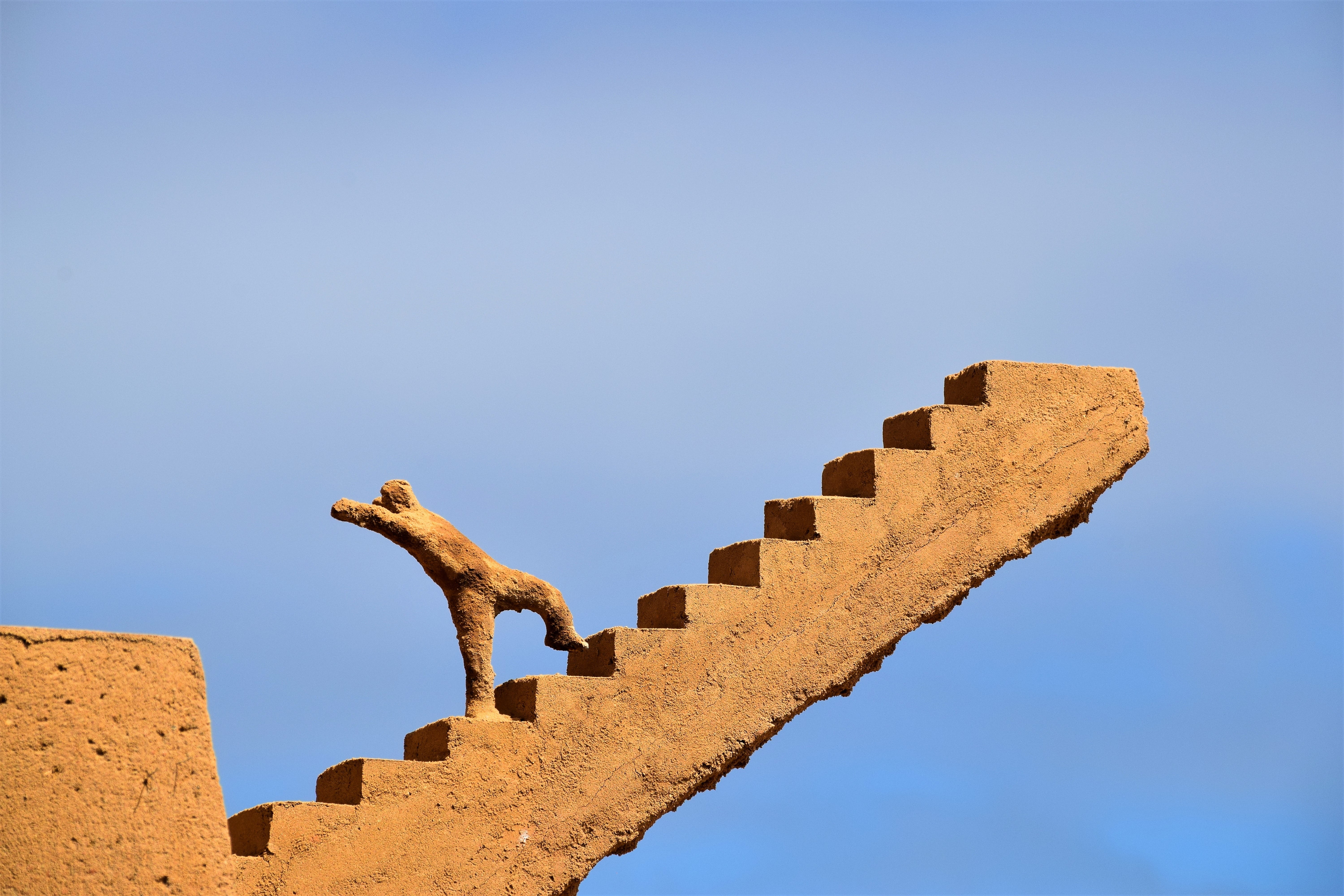 sunny, 5K, art, blue, nature, ancient civilization, career, sunlight, outdoors, ruined, stairs, animal, animal representation, sand, ascent, clear sky, HD Wallpaper