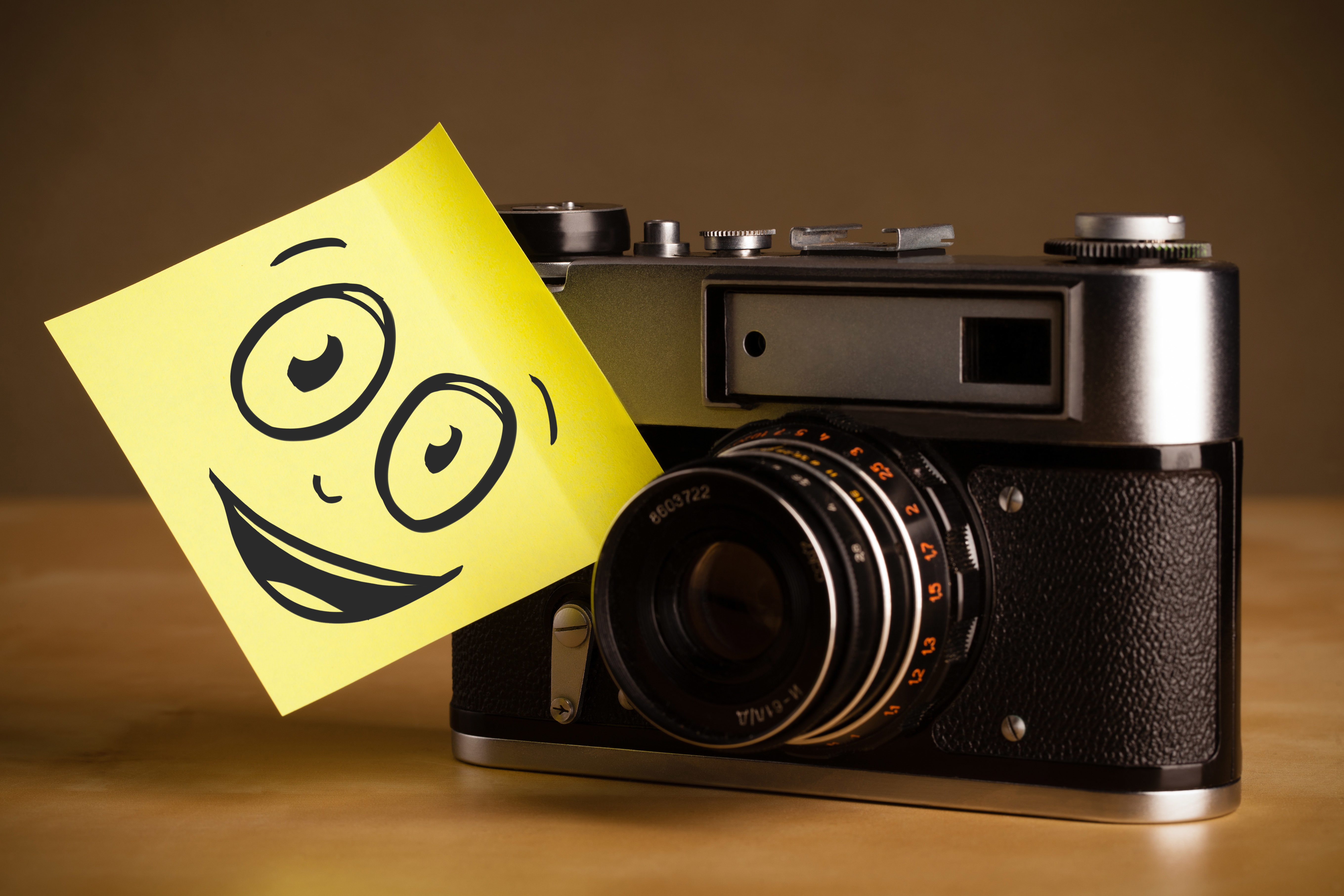 the camera, camera, smile, hi-tech, gray, adhesive, retro, bokeh, positive, macro, 5K, note, creative, good idea, black, technology, HD Wallpaper