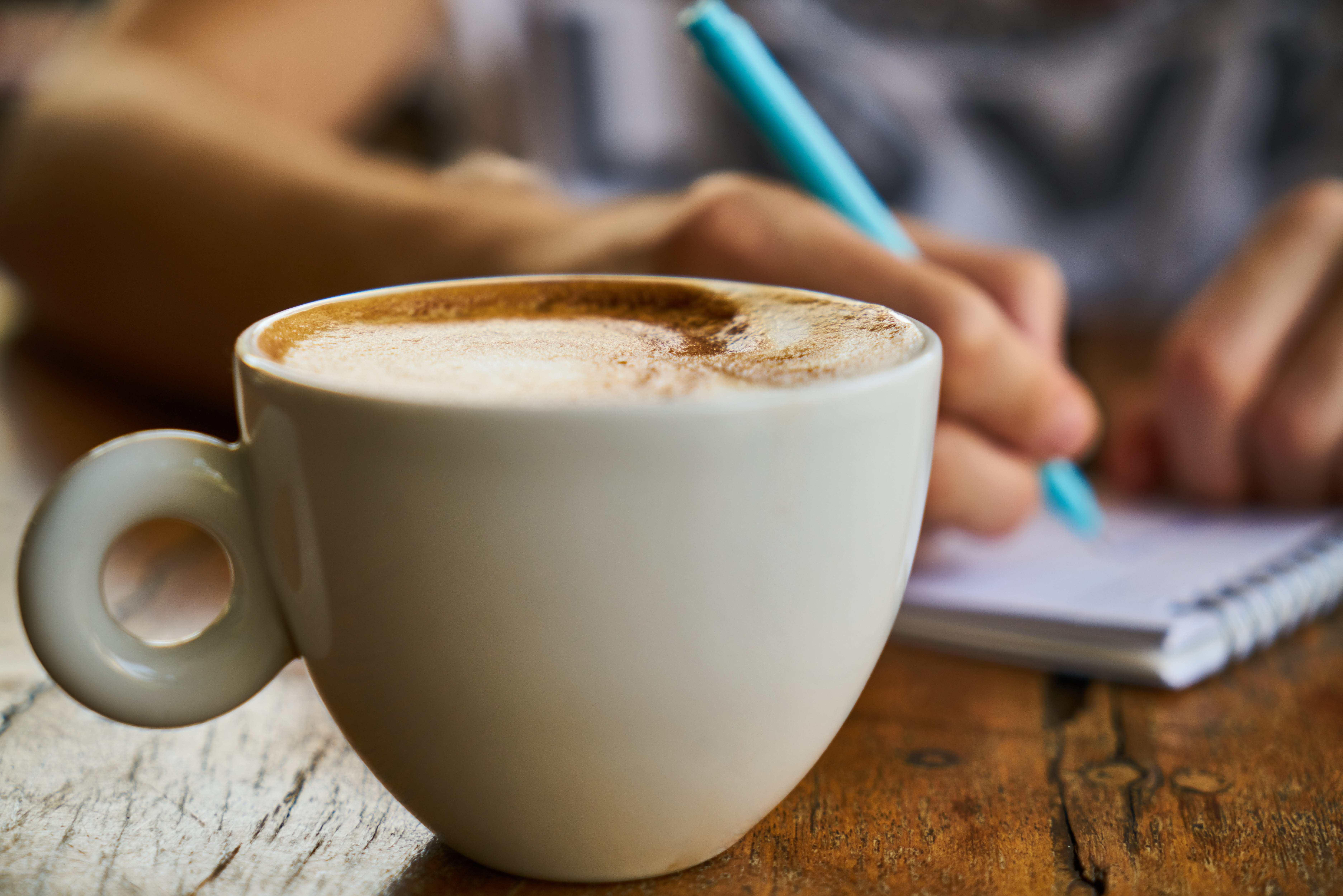 blue, paper, Photo, 5K, pen, tabletop, good morning, note, ceramic, drinking, coffee cup, table, hand, idea, one person, crockery, caffeine, to write, HD Wallpaper