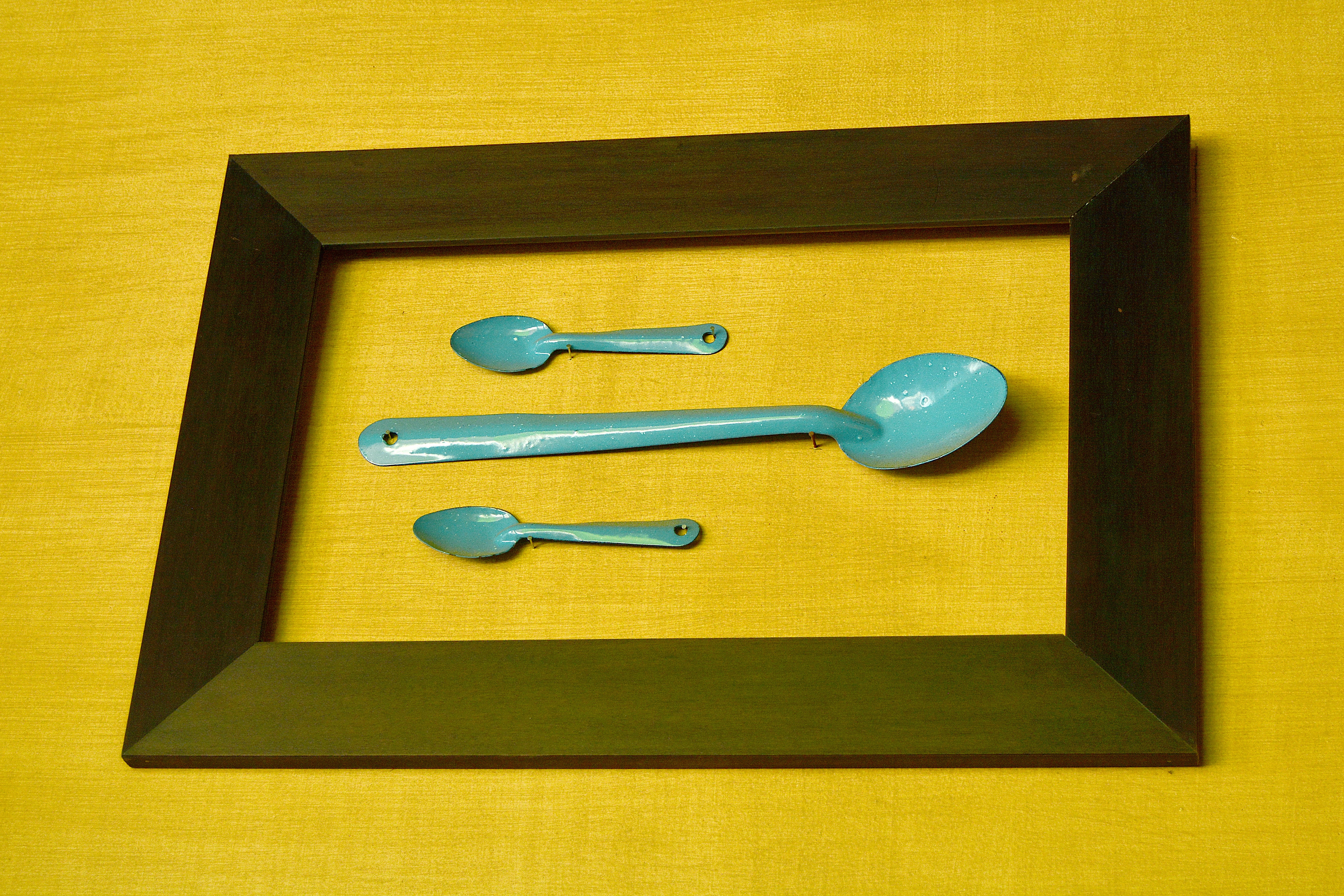 arrangement, thumbtack, group of objects, high angle view, household equipment, spoon, yellow, 5K, table, spoons, kitchen utensil, framework, wood - material, HD Wallpaper