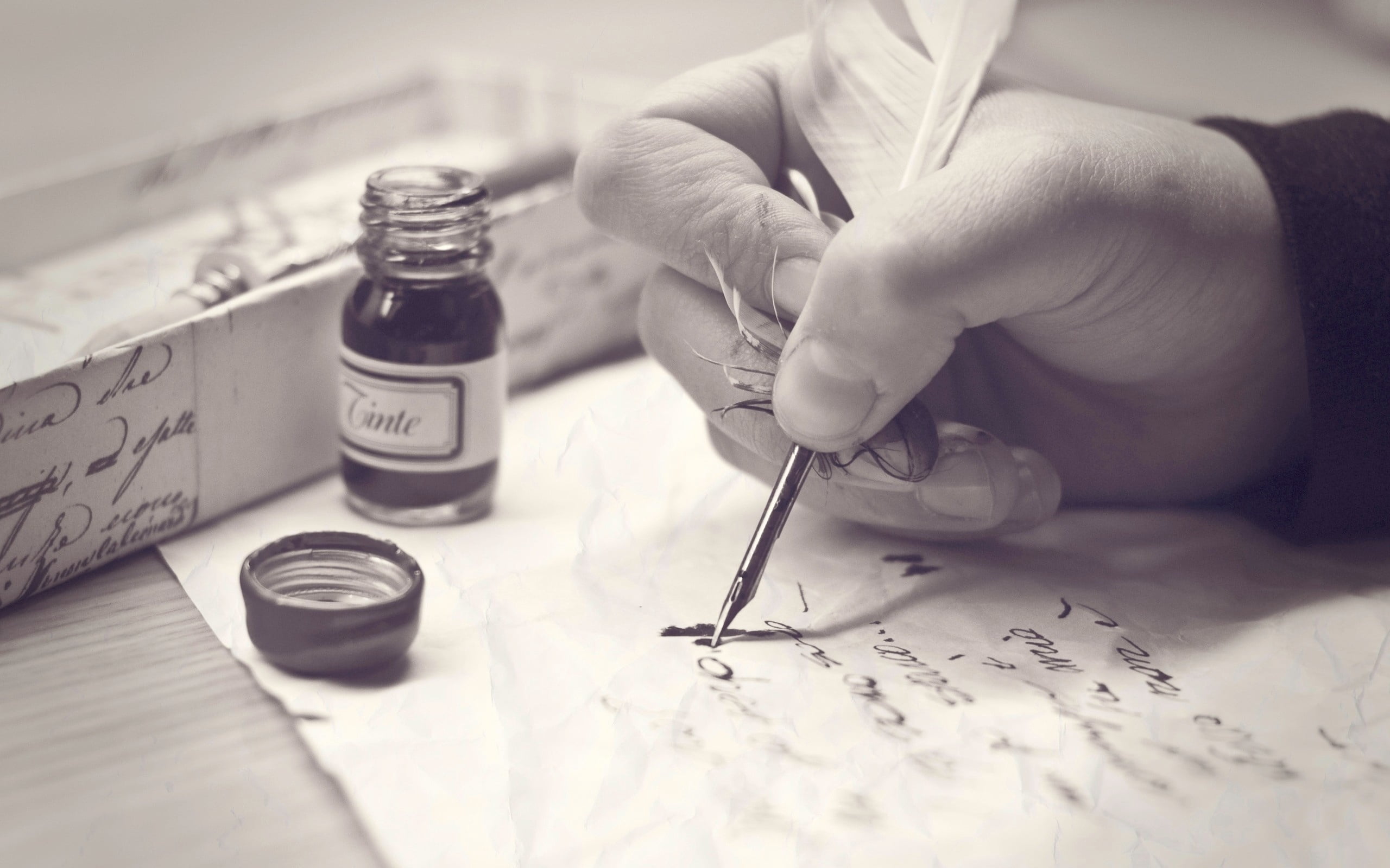 fountain, text, bottle, indoors, medicine, table, calligraphy, holding, gray, black white, pen, hand, women, letter, laboratory, real people, container, HD Wallpaper