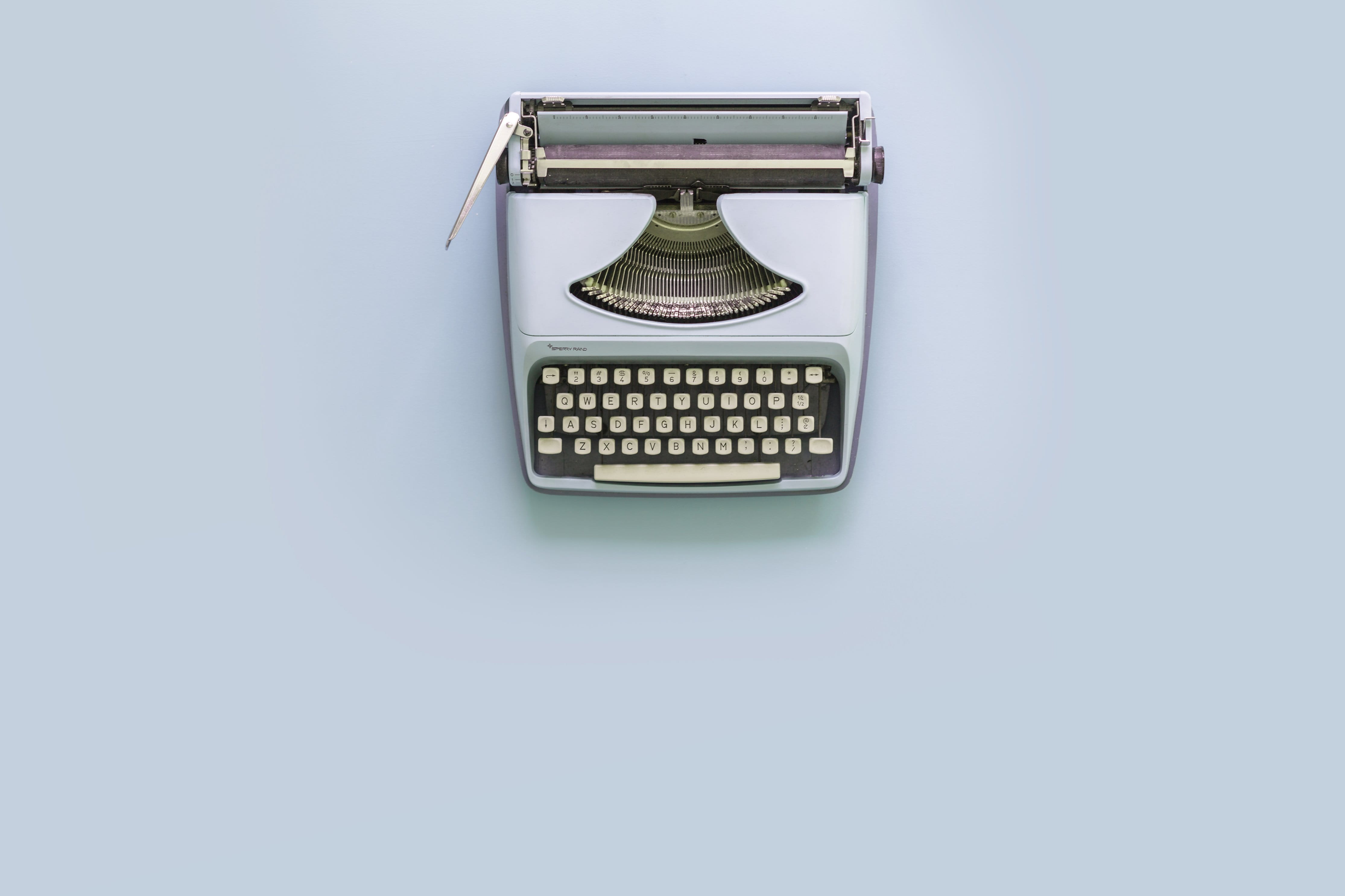 history, no people, retro styled, typewriter, photo, Keyboard, technology, Flatlay, still life, blue, close-up, high angle view, table, Contact us, single object, HD Wallpaper