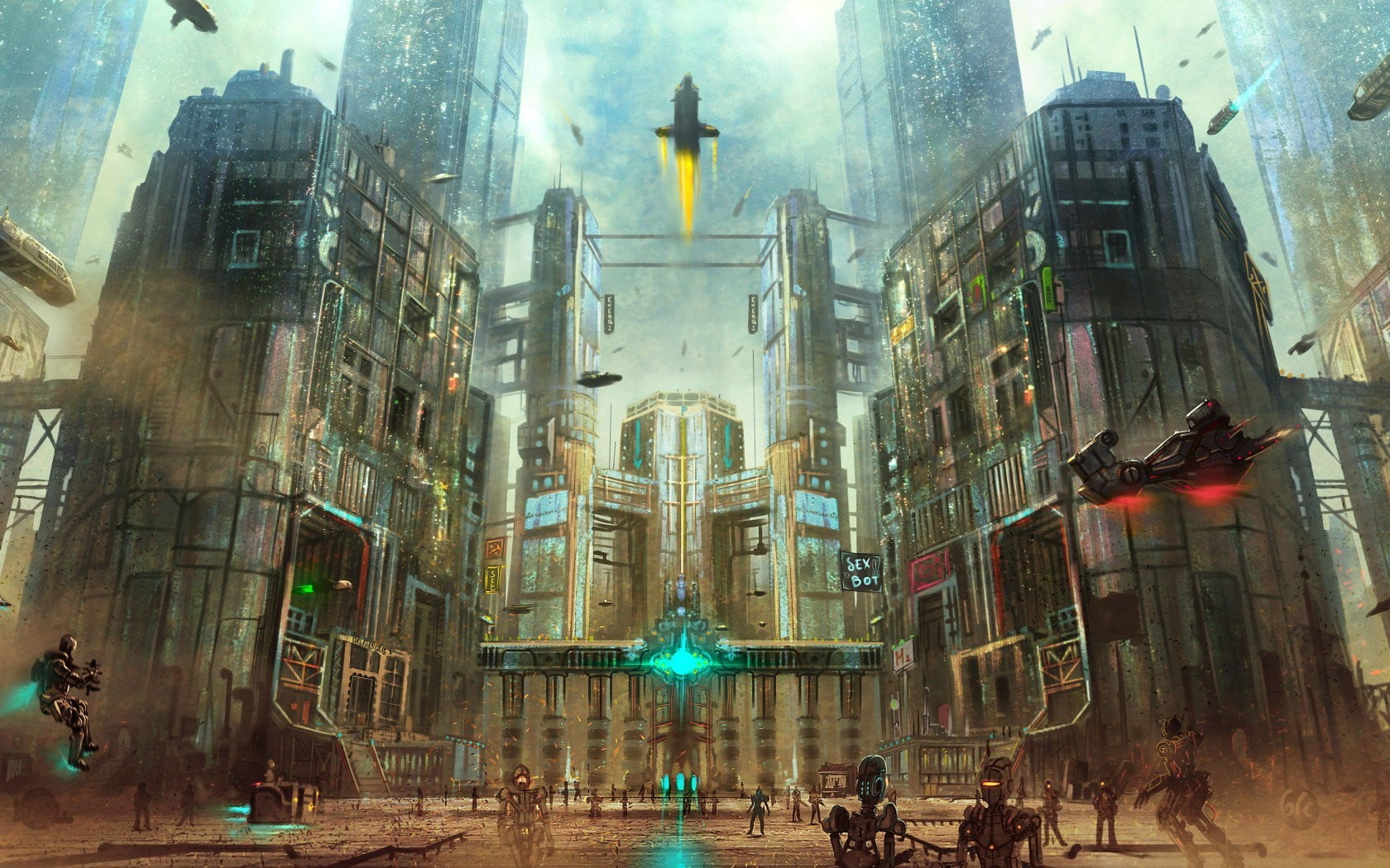 720P, spirituality, street, robot, large group of people, real people, futuristic, tourism, city, skyscraper, fantasy art, lights, digital art, group of people, HD Wallpaper